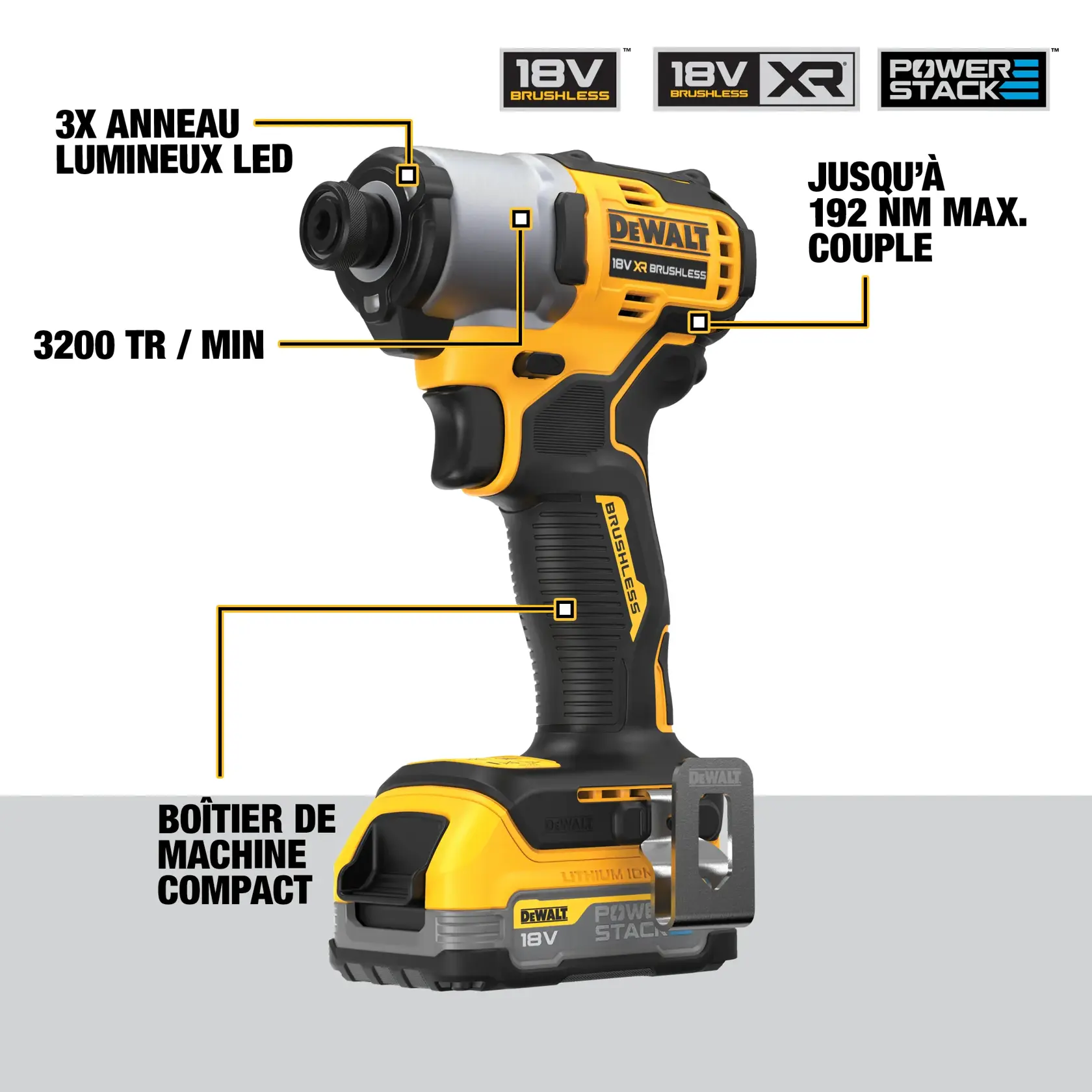 Image of a DEWALT 18V XR Brushless cordless impact driver with Powerstack battery. Key features highlighted are: 360° LED lighting, maximum 192Nm torque, up to 3,200 impacts per minute, and a compact design. Branding and product labels are visible.