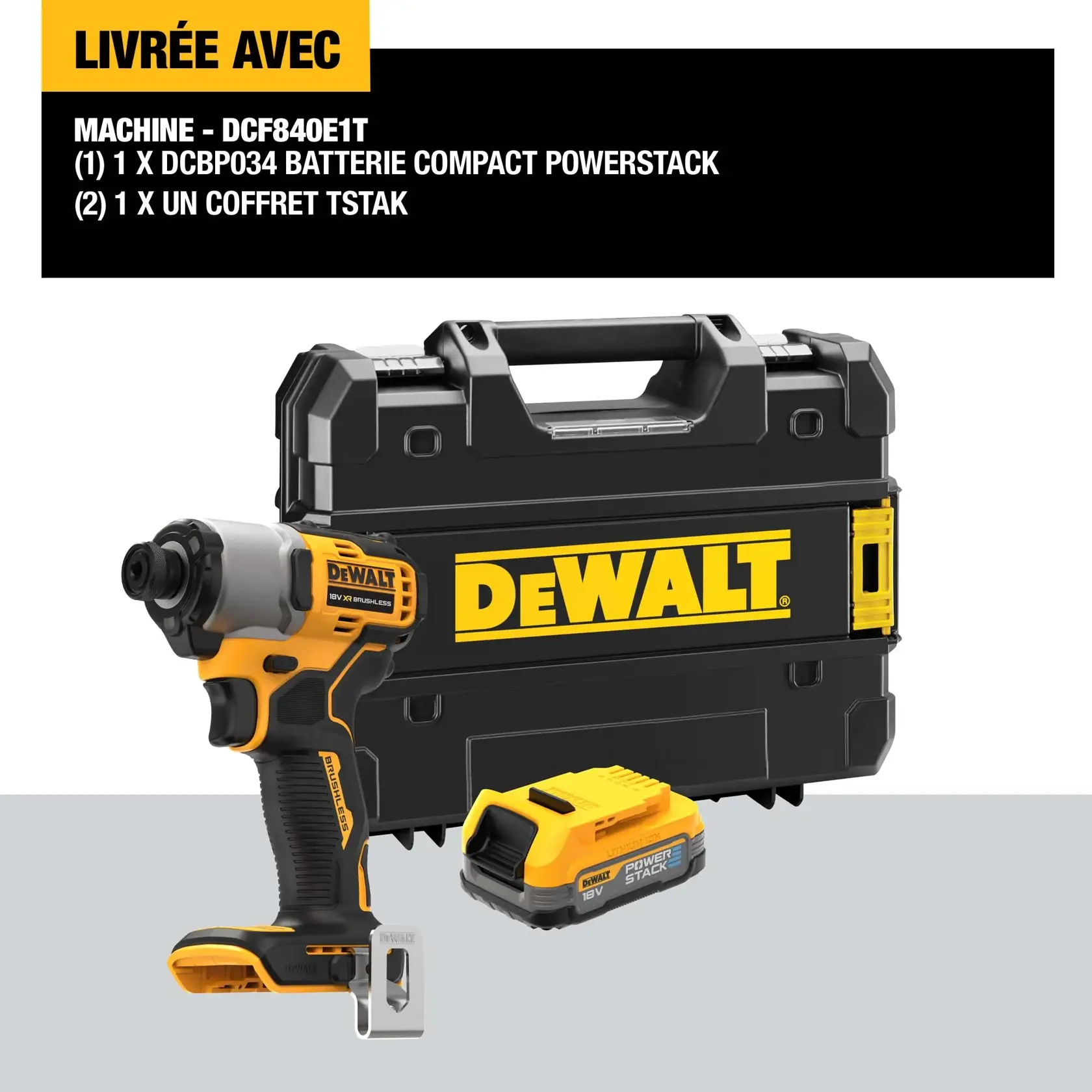 DEWALT DCF840E1T cordless impact driver with yellow and black design, one compact Powerstack battery (DCBP034), and a sturdy TSTAK case with DEWALT logo. The product is displayed with included accessories.