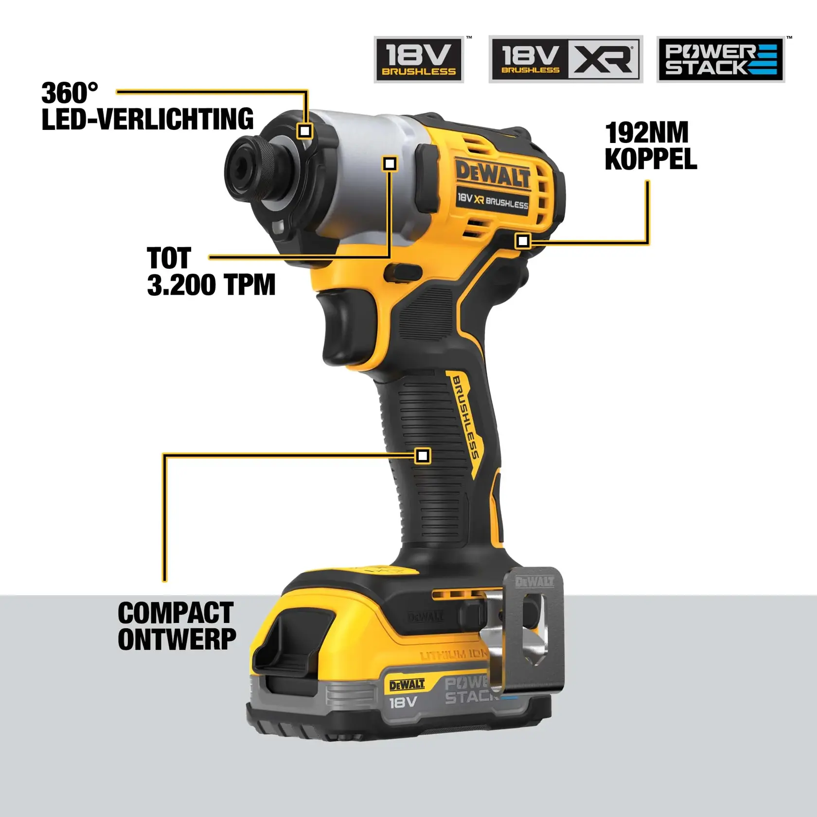 Image of a DEWALT 18V XR Brushless cordless impact driver with Powerstack battery. Key features highlighted are: 360° LED lighting, maximum 192Nm torque, up to 3,200 impacts per minute, and a compact design. Branding and product labels are visible.