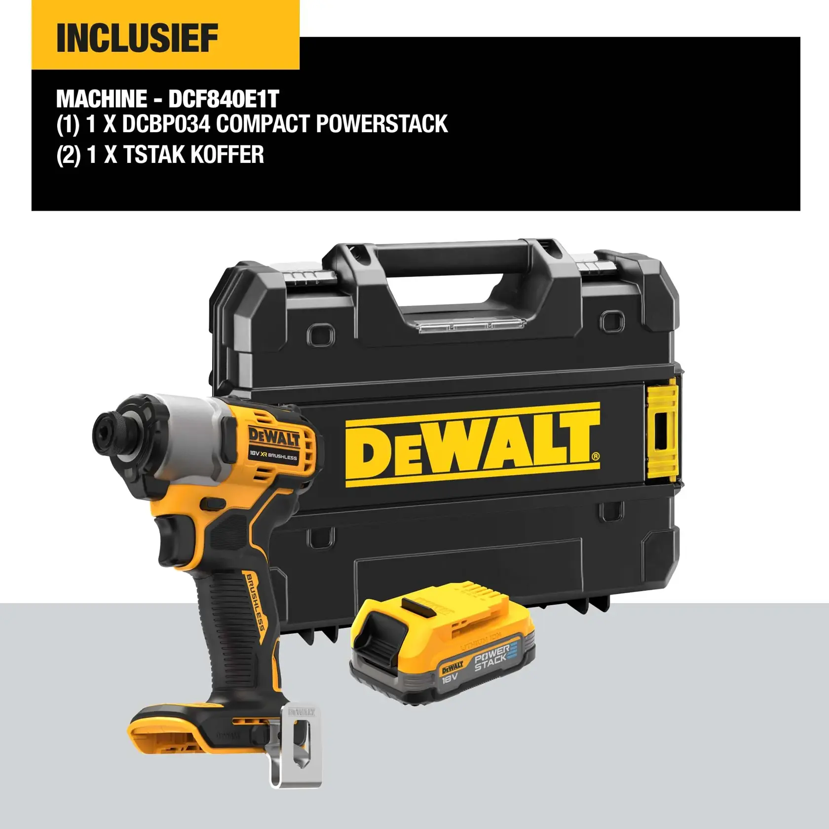 DEWALT DCF840E1T cordless impact driver with yellow and black design, one compact Powerstack battery (DCBP034), and a sturdy TSTAK case with DEWALT logo. The product is displayed with included accessories.