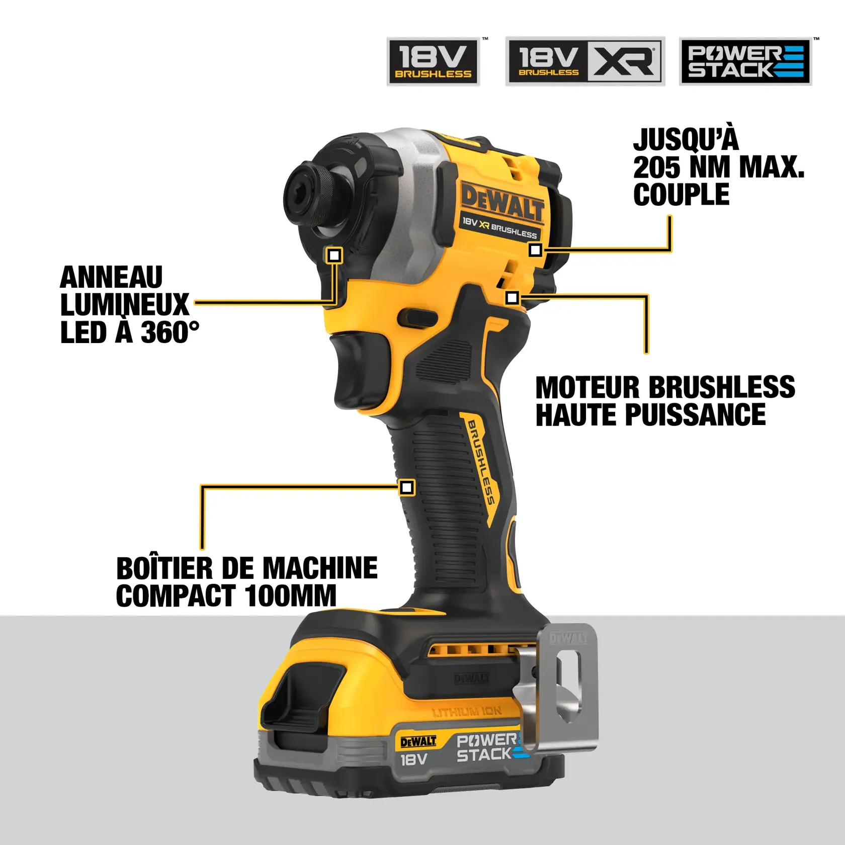 Se muestra un atornillador de impacto DEWALT DCF850E2T 18V XR Brushless, con especificaciones destacadas en español. Las características incluyen: par máximo de 205 Nm, motor sin escobillas de alto rendimiento, cuerpo ultracompacto de 100 mm y luz de trabajo de 3 LED. La batería de ion-litio POWERSTACK es visible en la base y los logotipos de la marca se ven en la parte superior.