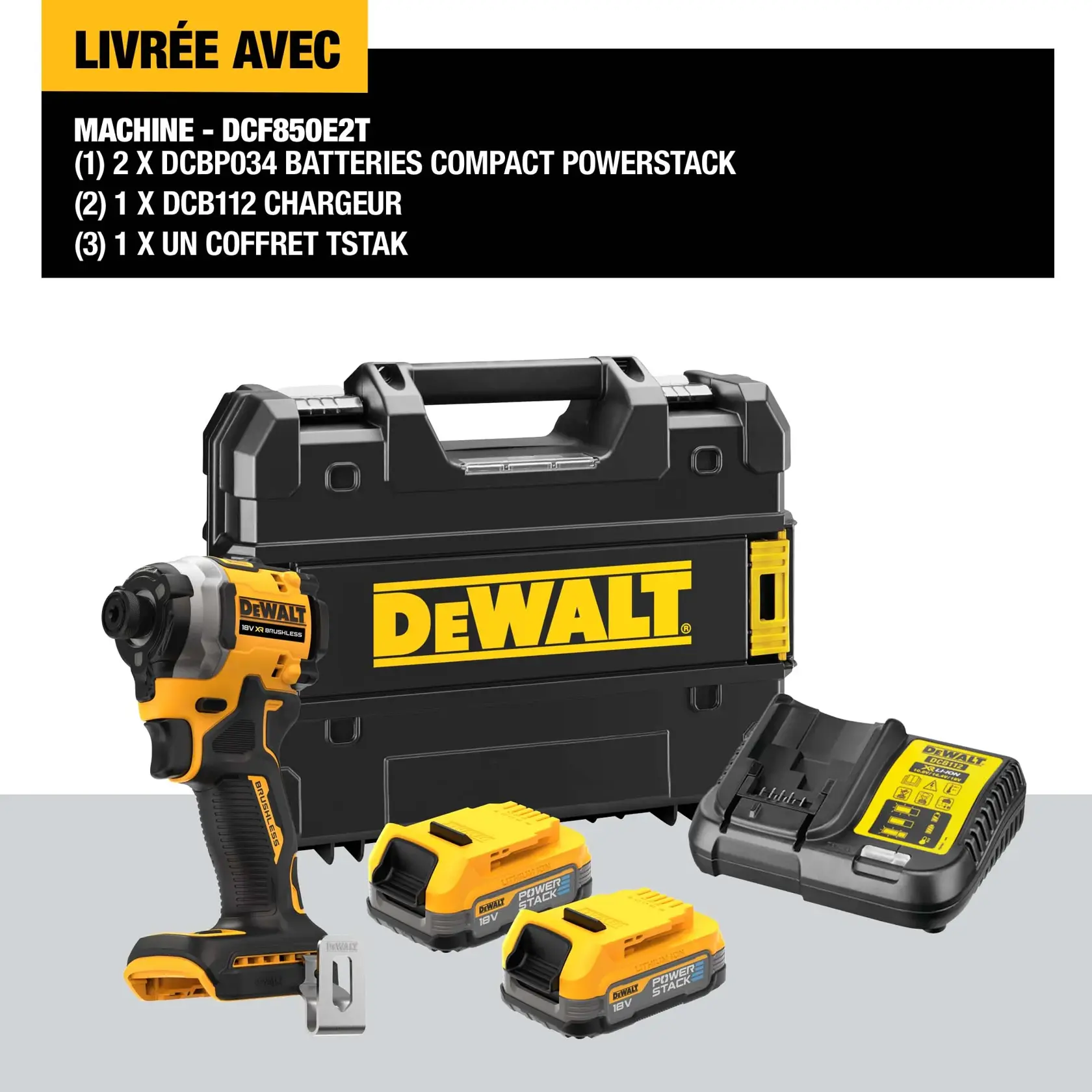 Set DEWALT DCF850E2T que incluye una herramienta de impacto, dos baterías Powerstack DCBP034, un cargador multi-voltaje y un maletín TSTAK. Todos los productos muestran la marca DEWALT en negro y amarillo.