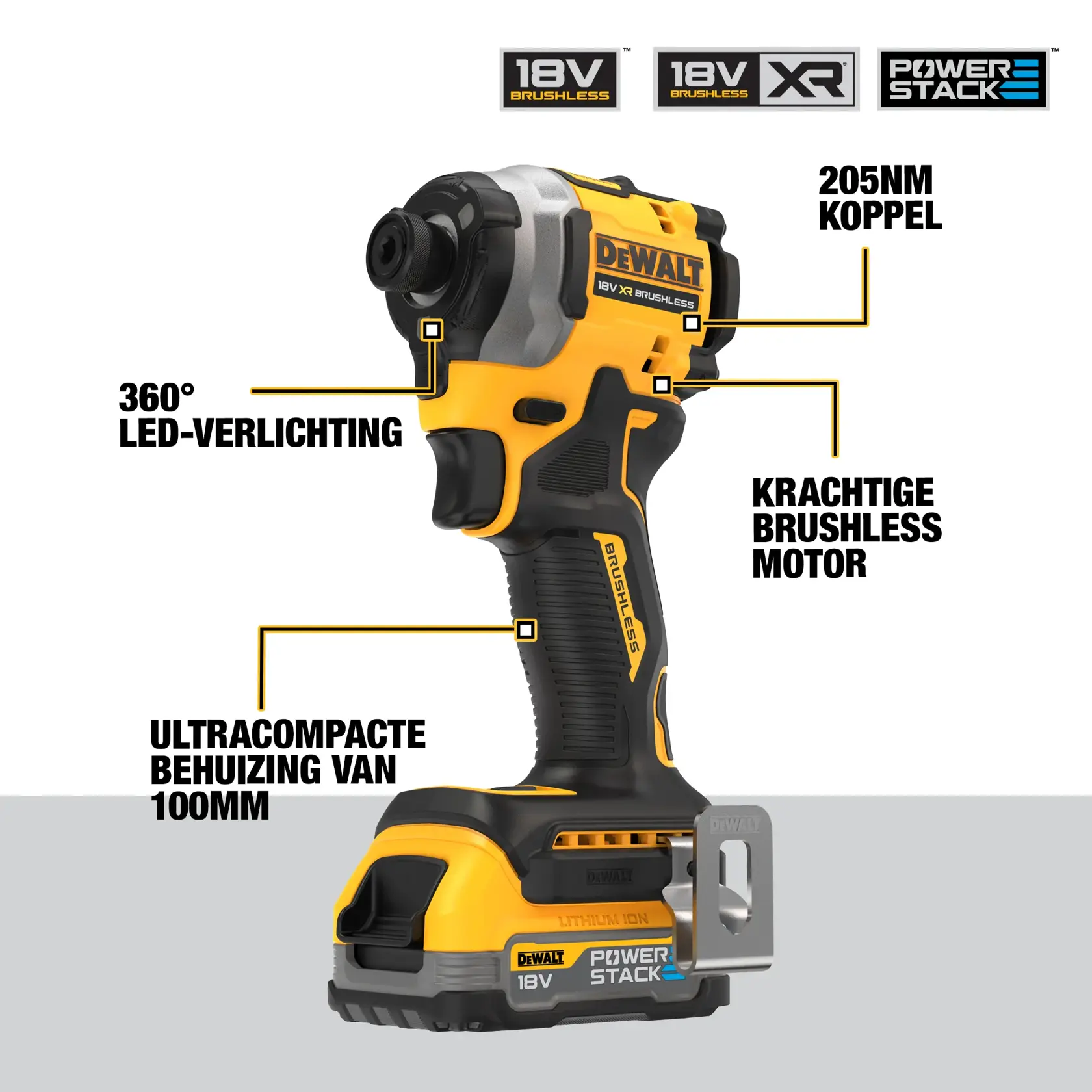 Se muestra un atornillador de impacto DEWALT DCF850E2T 18V XR Brushless, con especificaciones destacadas en español. Las características incluyen: par máximo de 205 Nm, motor sin escobillas de alto rendimiento, cuerpo ultracompacto de 100 mm y luz de trabajo de 3 LED. La batería de ion-litio POWERSTACK es visible en la base y los logotipos de la marca se ven en la parte superior.
