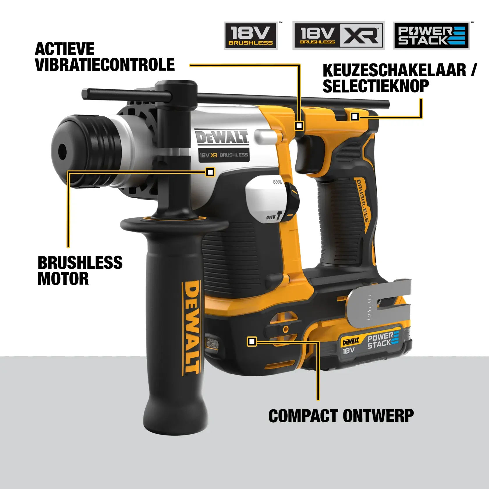 Martillo rotativo DEWALT 18V XR sin escobillas con batería PowerStack, mostrando el control activo de vibración, motor sin escobillas, interruptor de selección de modo y diseño compacto mediante textos destacados en español.