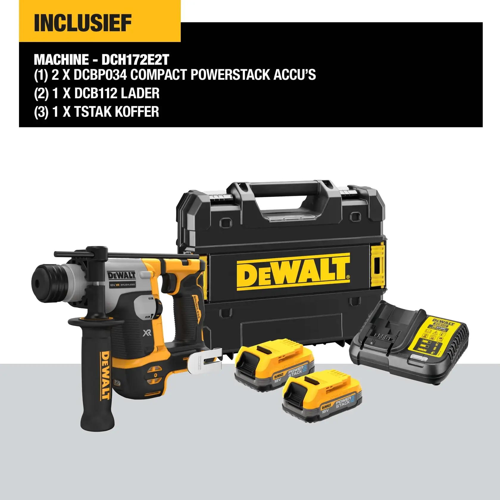 Set de martillo rotativo DEWALT DCH172E2T, que incluye la herramienta, dos baterías Powerstack, un cargador multi-voltaje y un maletín TSTAK negro y amarillo. Los artículos se muestran juntos con un gráfico informativo de producto en español arriba.