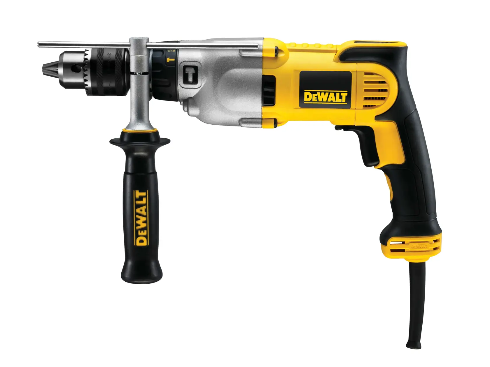 Une perceuse électrique DEWALT D21570K avec une poignée latérale et un design jaune et noir.
