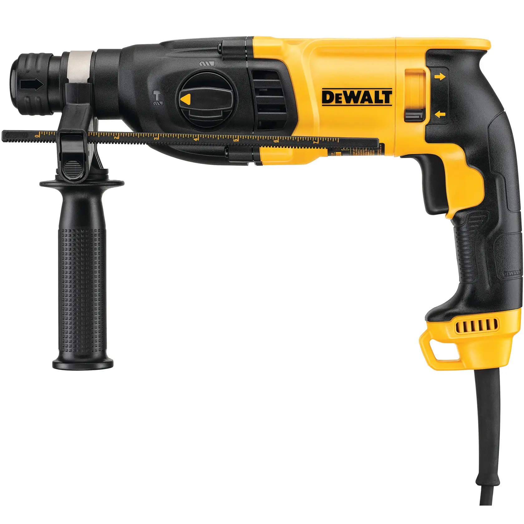 Une perceuse à marteau rotative filaire DEWALT D25133K au design noir et jaune, avec une poignée latérale et une jauge de profondeur.