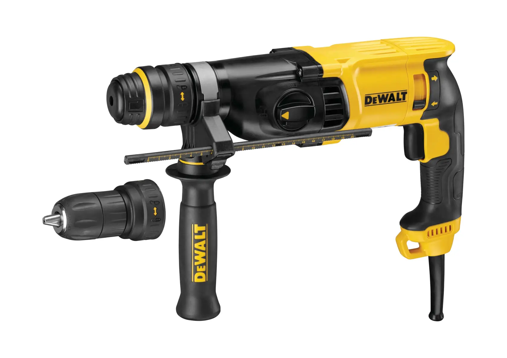 Une perceuse à percussion rotative DEWALT jaune et noire avec poignée latérale, tige de profondeur et un mandrin interchangeable.