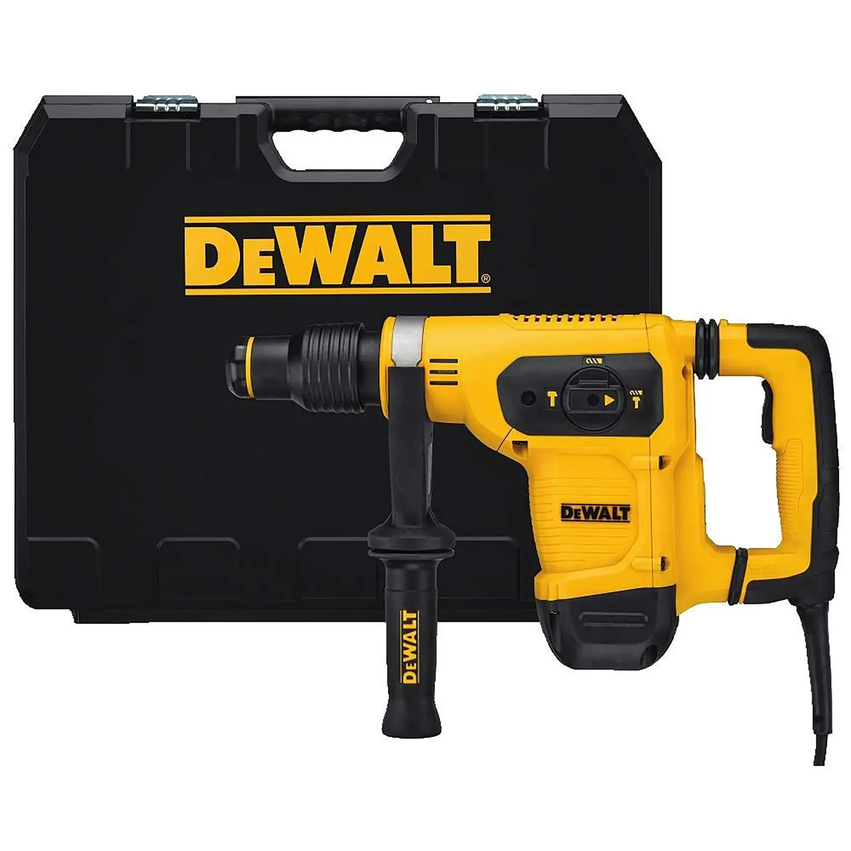 Un marteau perforateur jaune et noir DEWALT avec poignée latérale, présenté devant une mallette de transport noire DEWALT.