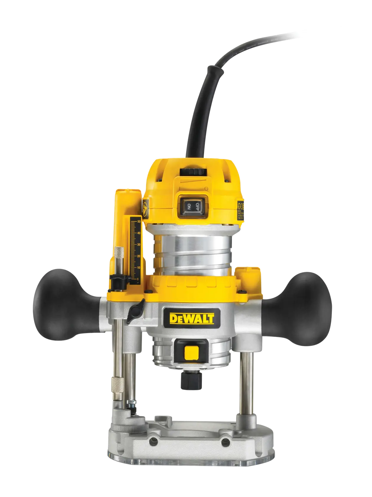 DEWALT D26203 plunge router with dual handles and depth adjustment, corded, yellow and silver.