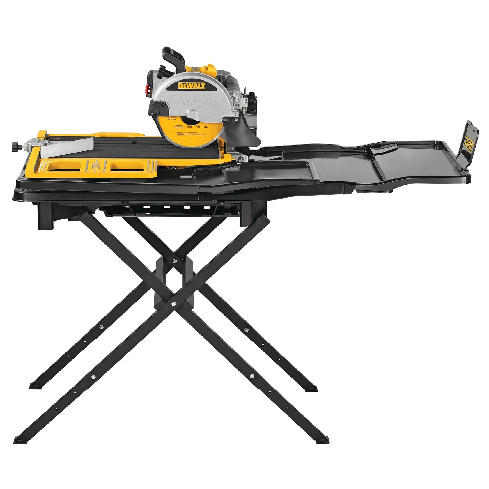 DEWALT tile saw on stand, side view, yellow and black, SKUs D36000-QS, D36000, photography product.