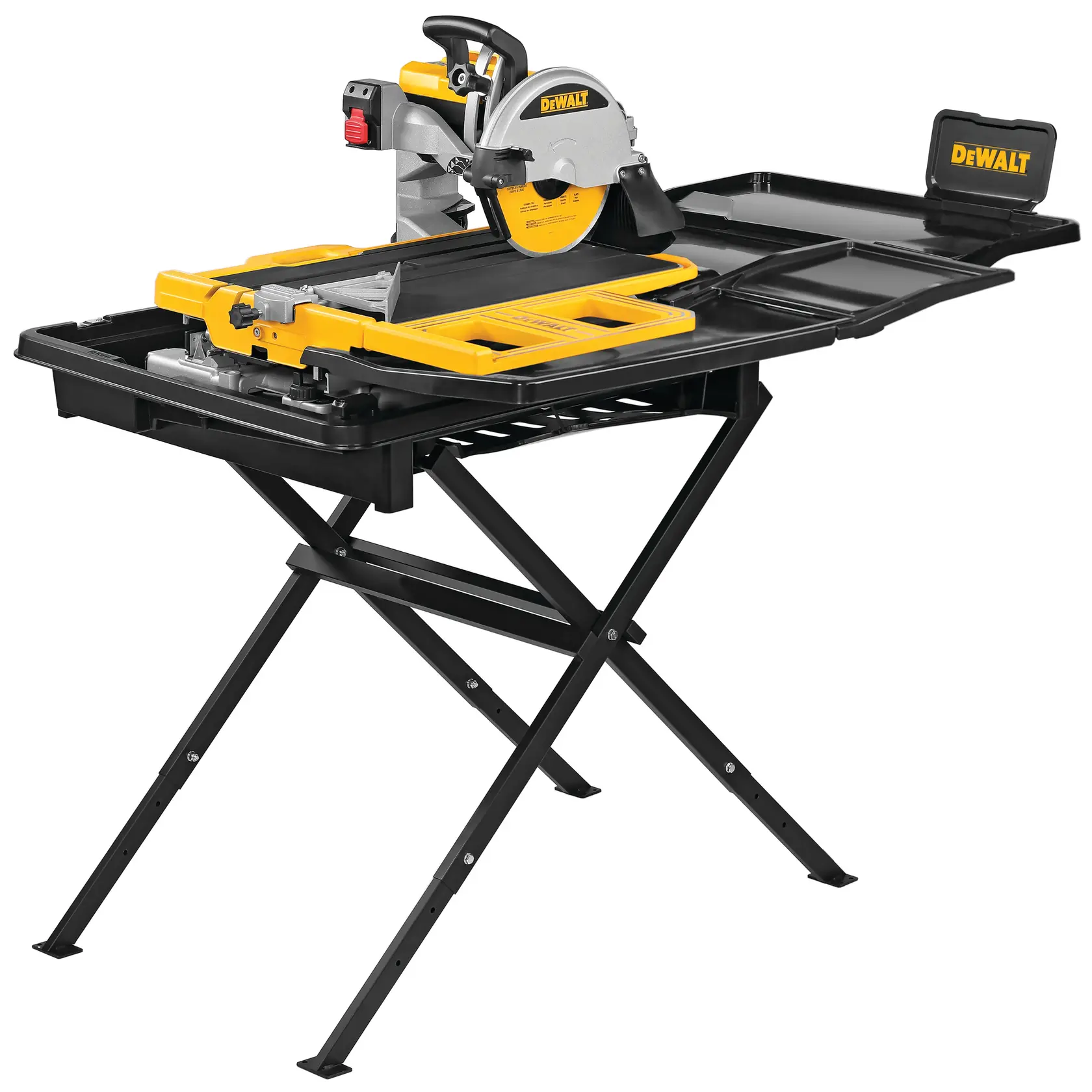 Photo of DEWALT tile saw with stand, black and yellow, SKUs D36000-QS, D36000, side angle, product photography.
