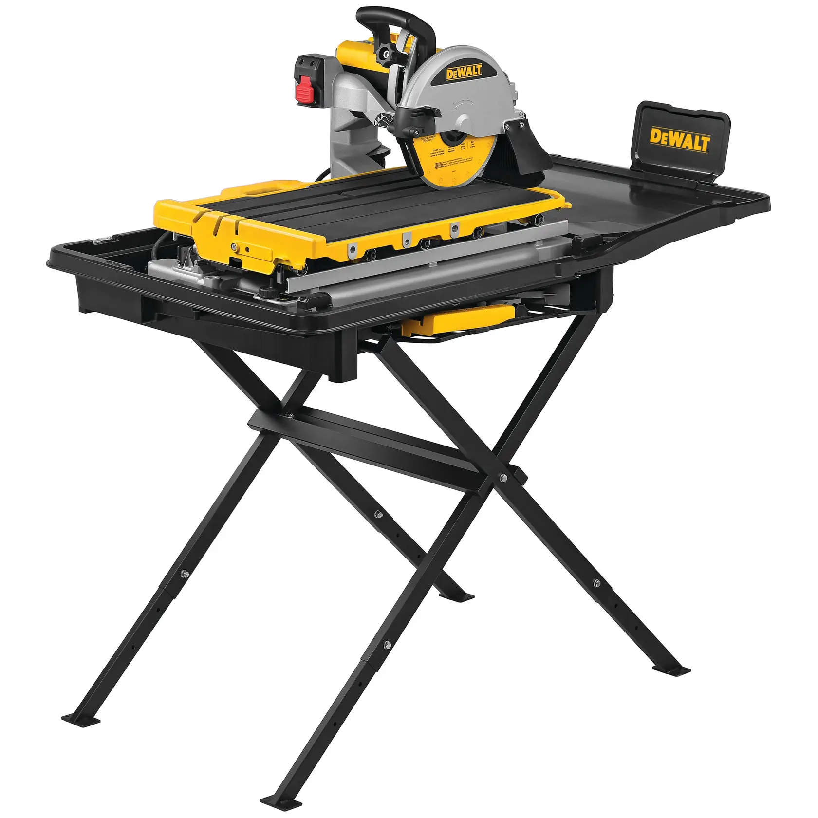 Photo of DEWALT tile saw on stand, black and yellow, SKUs D36000-QS, D36000, front angle.