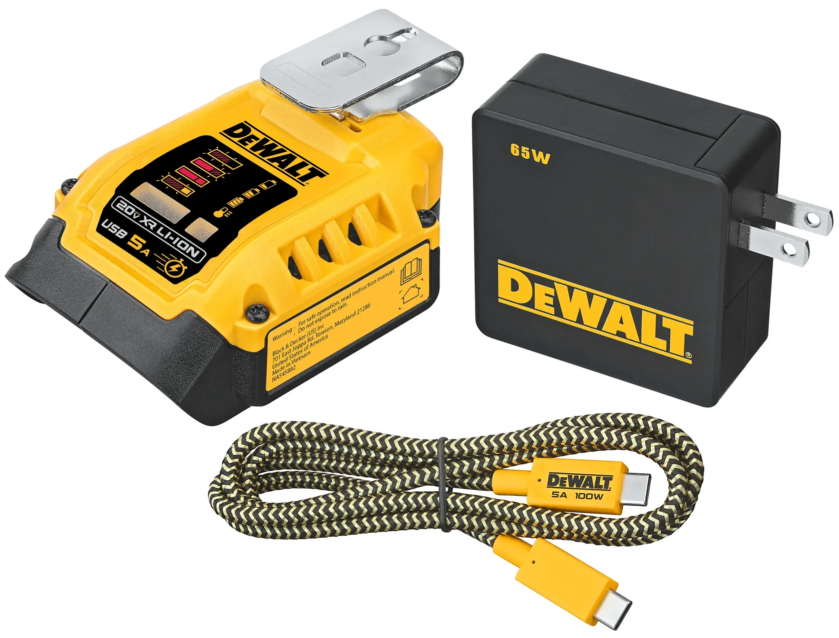 Kit chargeur DEWALT DCB094K avec adaptateur USB jaune, prise 65W et câble USB-C tressé, angle avant.