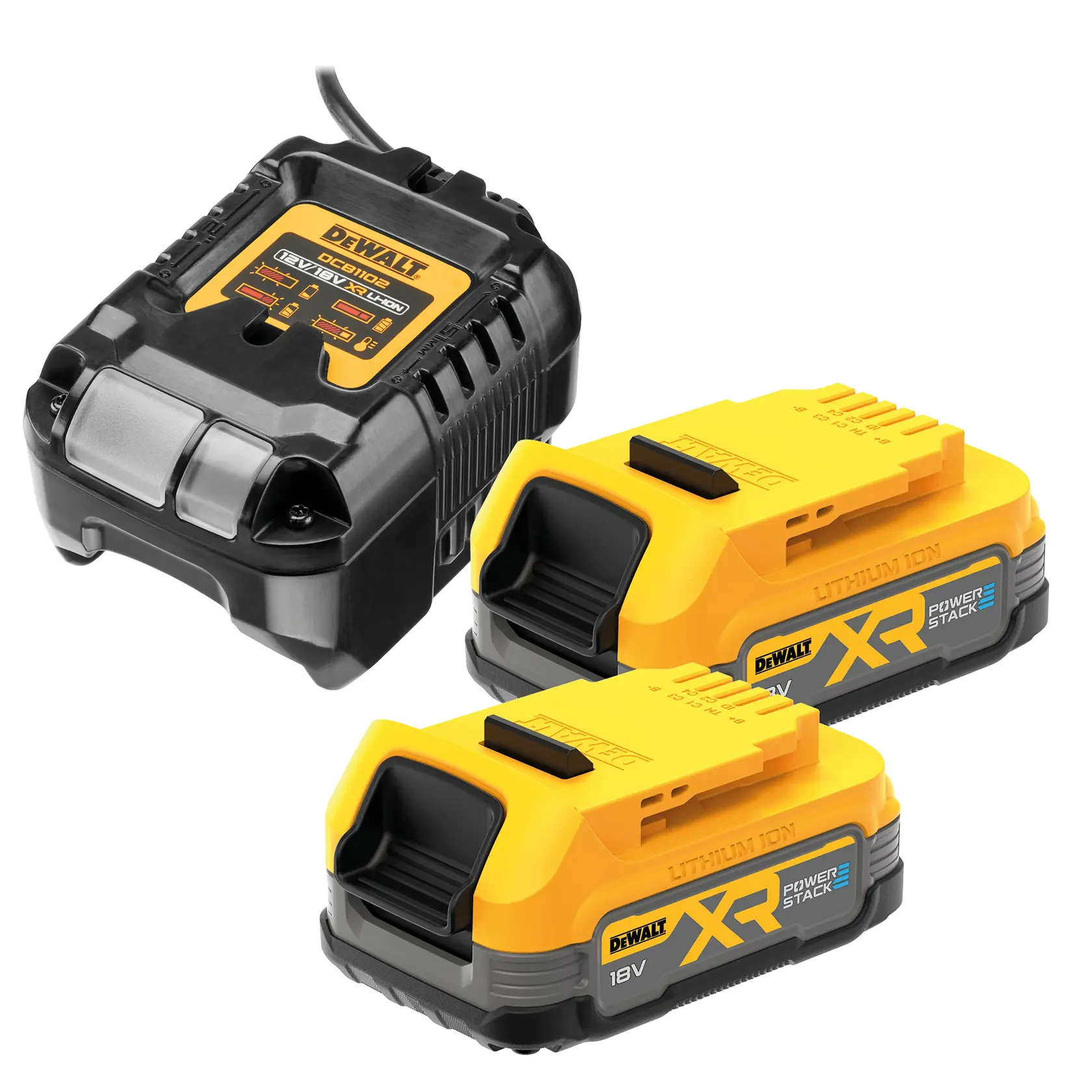 DEWALT DCB1102E2 avec un chargeur noir et deux batteries XR Powerstack lithium-ion 18V jaunes.