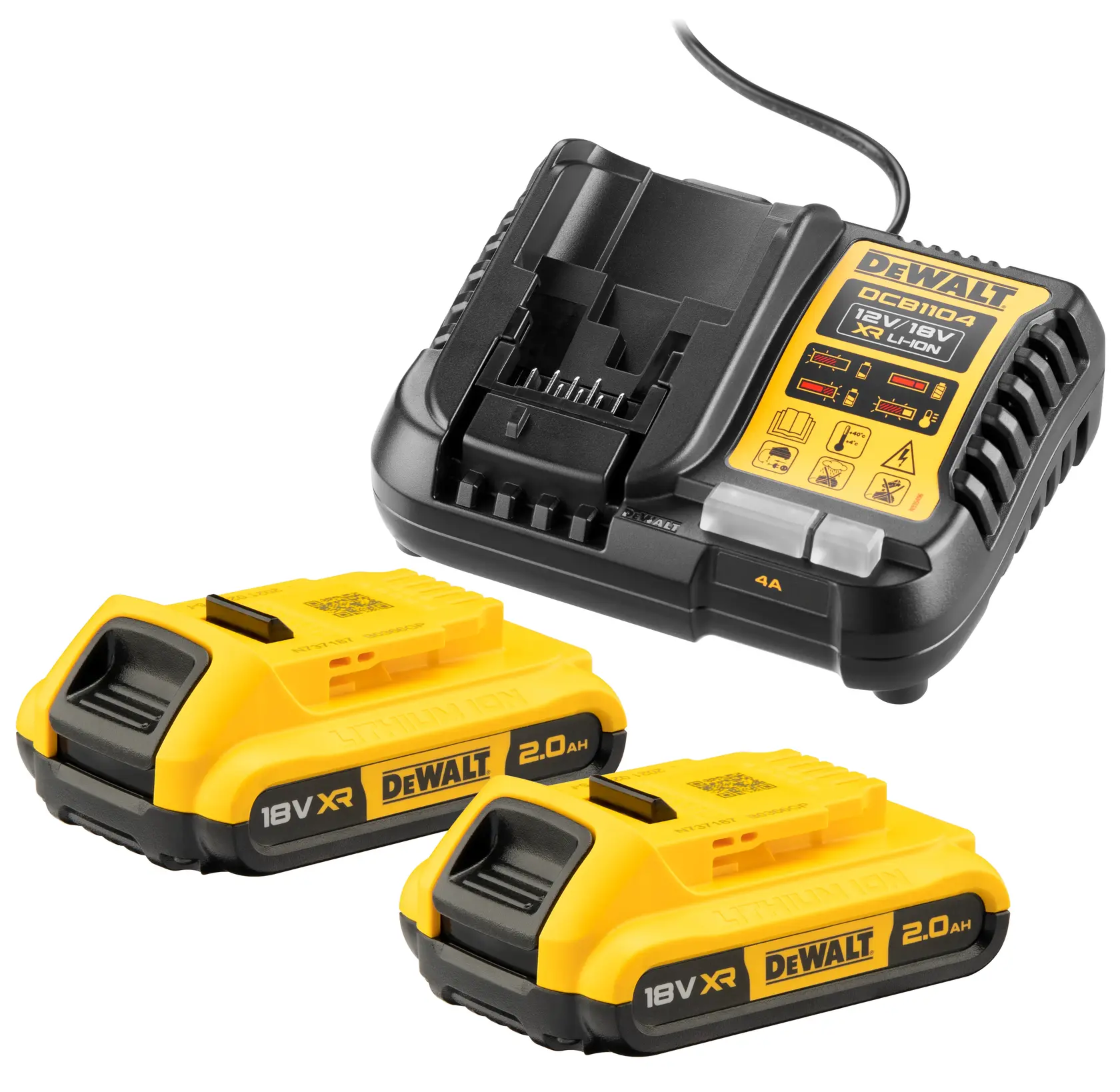 Chargeur DEWALT DCB1104D2 et deux batteries 18V XR lithium-ion 2.0Ah jaunes et noires.