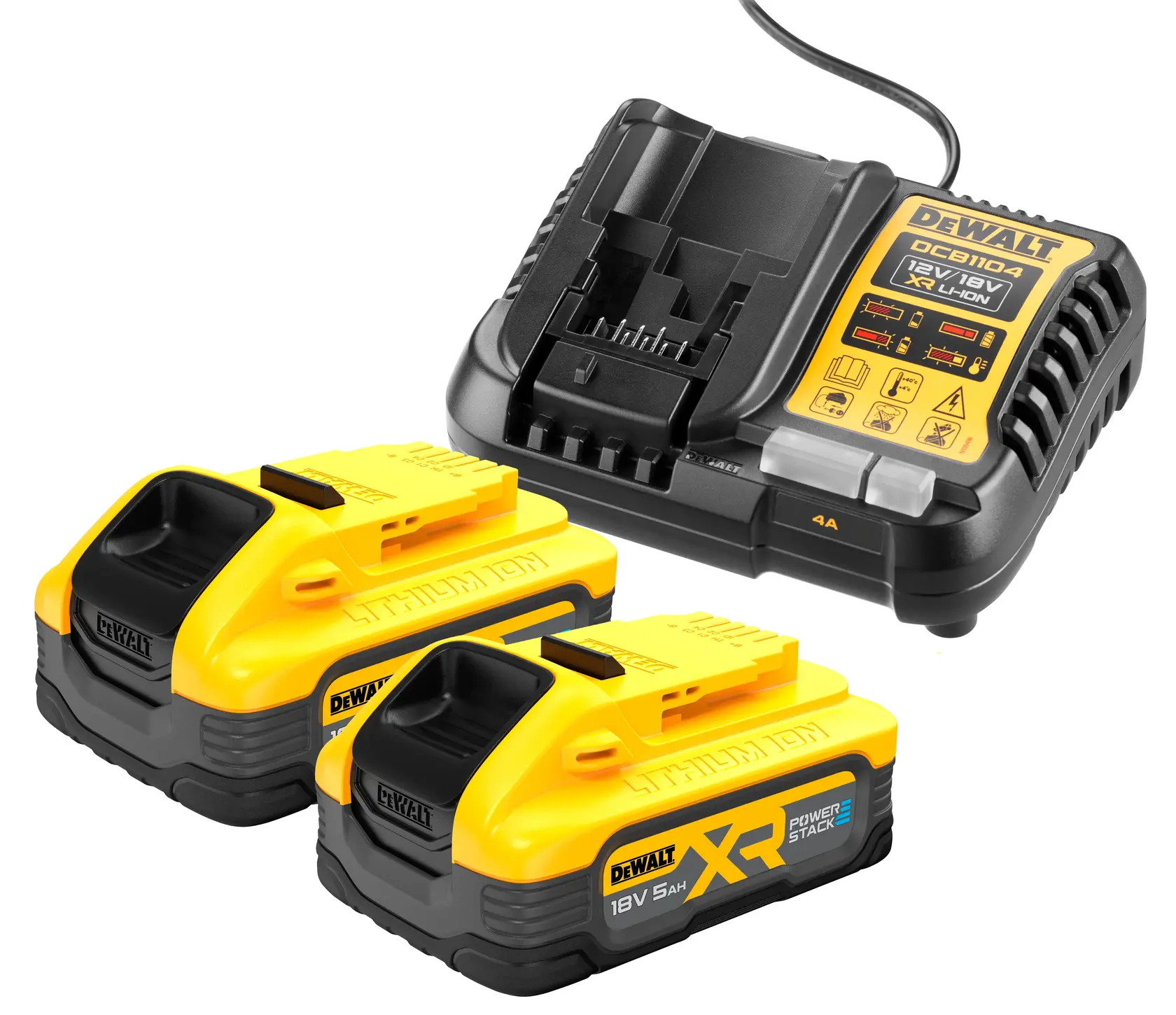 Ensemble DEWALT DCB1104H2 comprenant un chargeur de batterie et deux batteries jaunes 18V XR lithium-ion POWERSTACK.