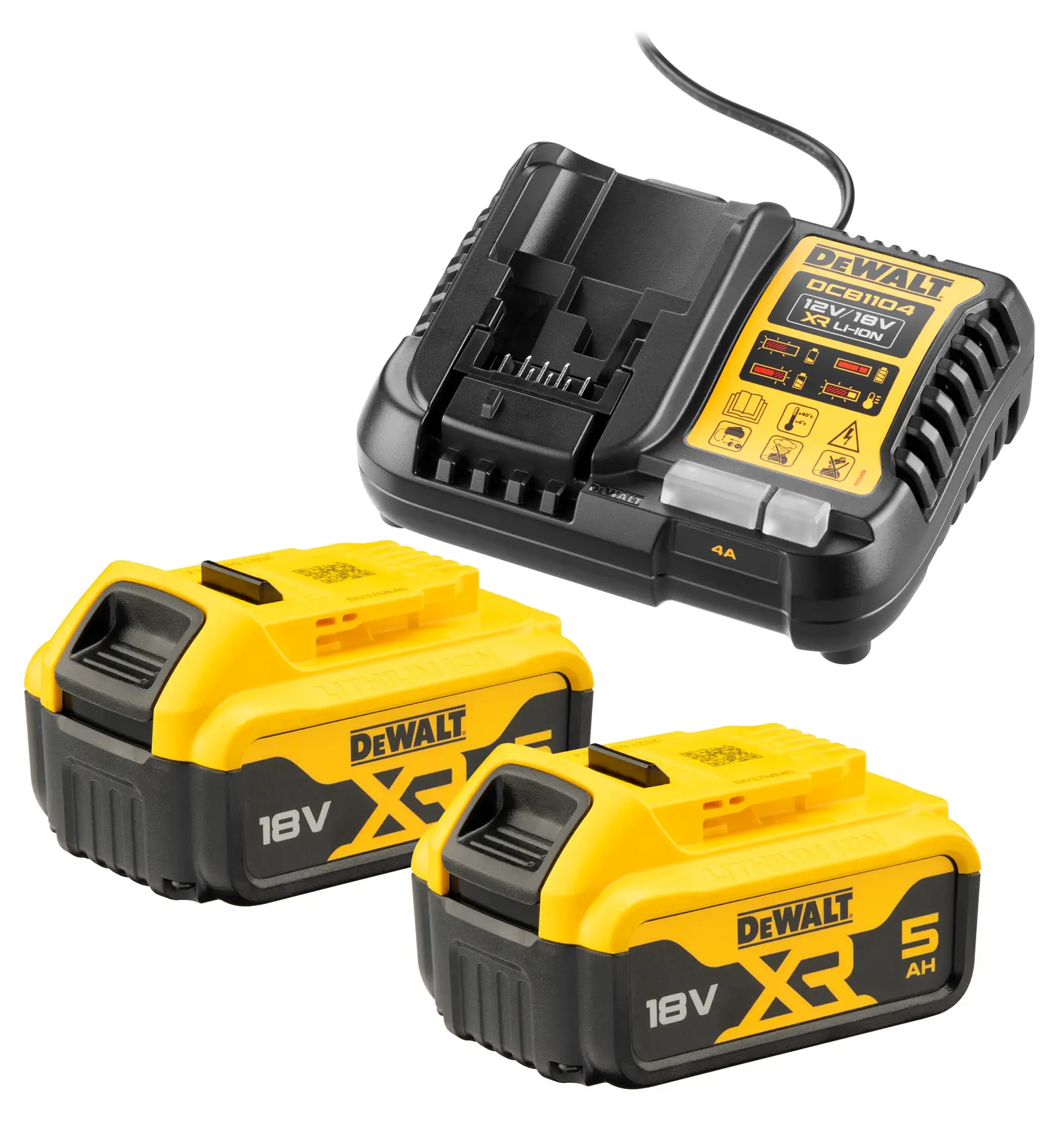 Chargeur DEWALT avec deux batteries lithium-ion XR 18V 5Ah, sur fond blanc.
