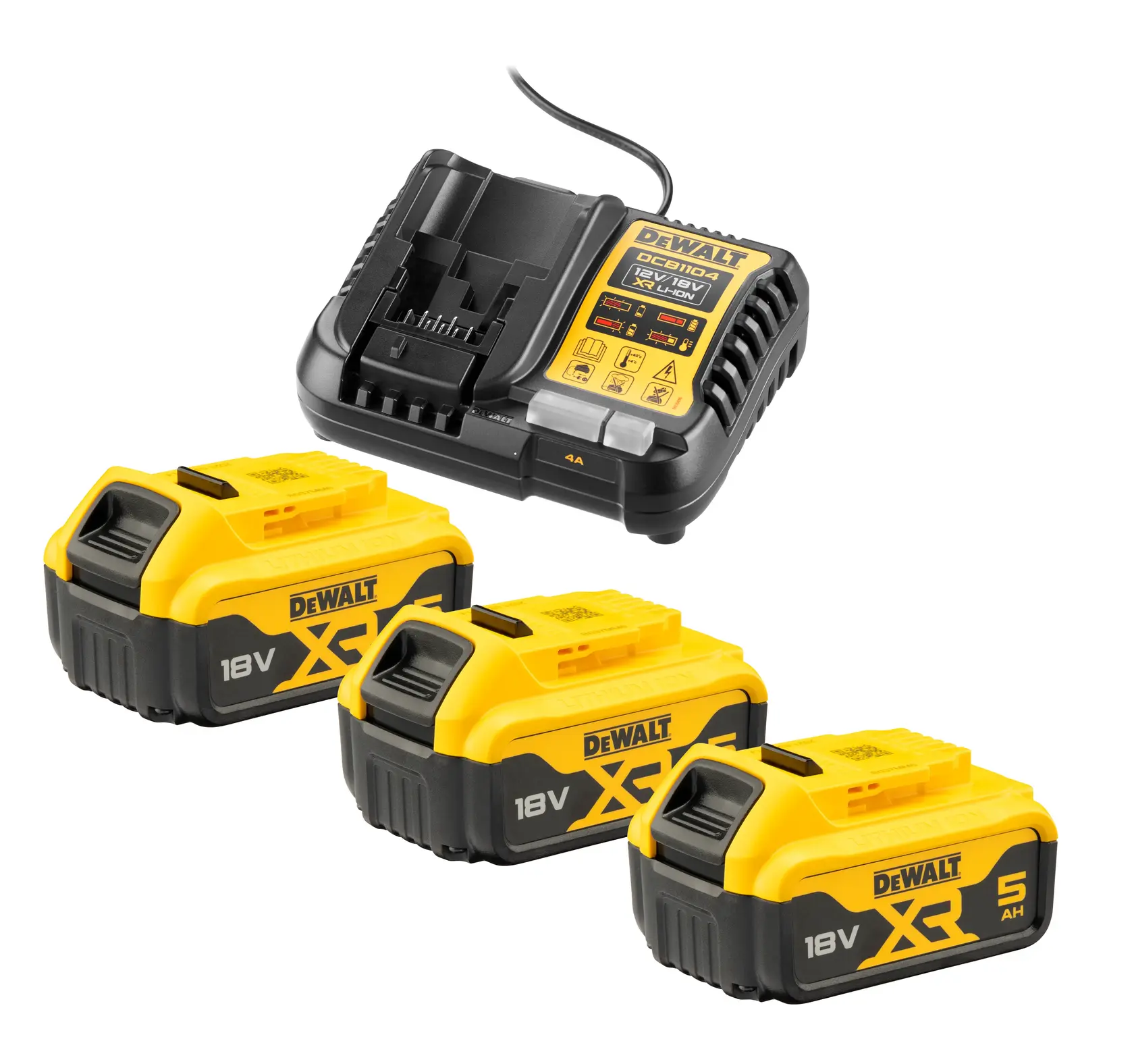 Ensemble DEWALT avec trois batteries 18V XR et un chargeur, adapté aux outils sans fil.