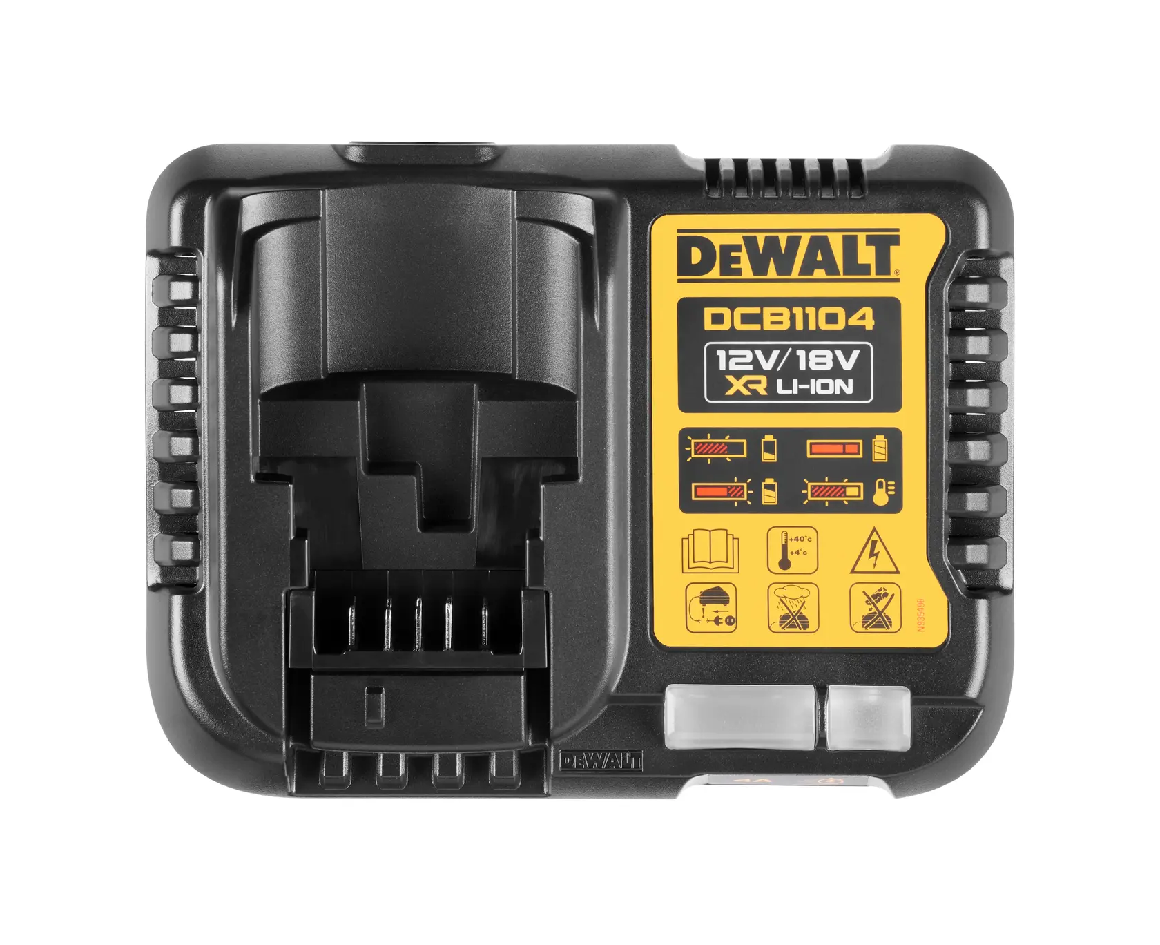 Front view of a DEWALT DCB1104 battery charger for 12V/18V XR Li-Ion batteries. The charger is black with a yellow label showing product information and safety icons.