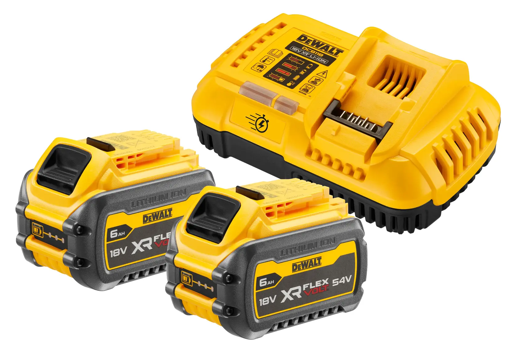 Un kit de chargeur de batterie DEWALT avec deux batteries lithium-ion jaunes et noires (XR FLEXVOLT 18V/54V 5.0Ah) et un chargeur de batterie jaune assorti.
