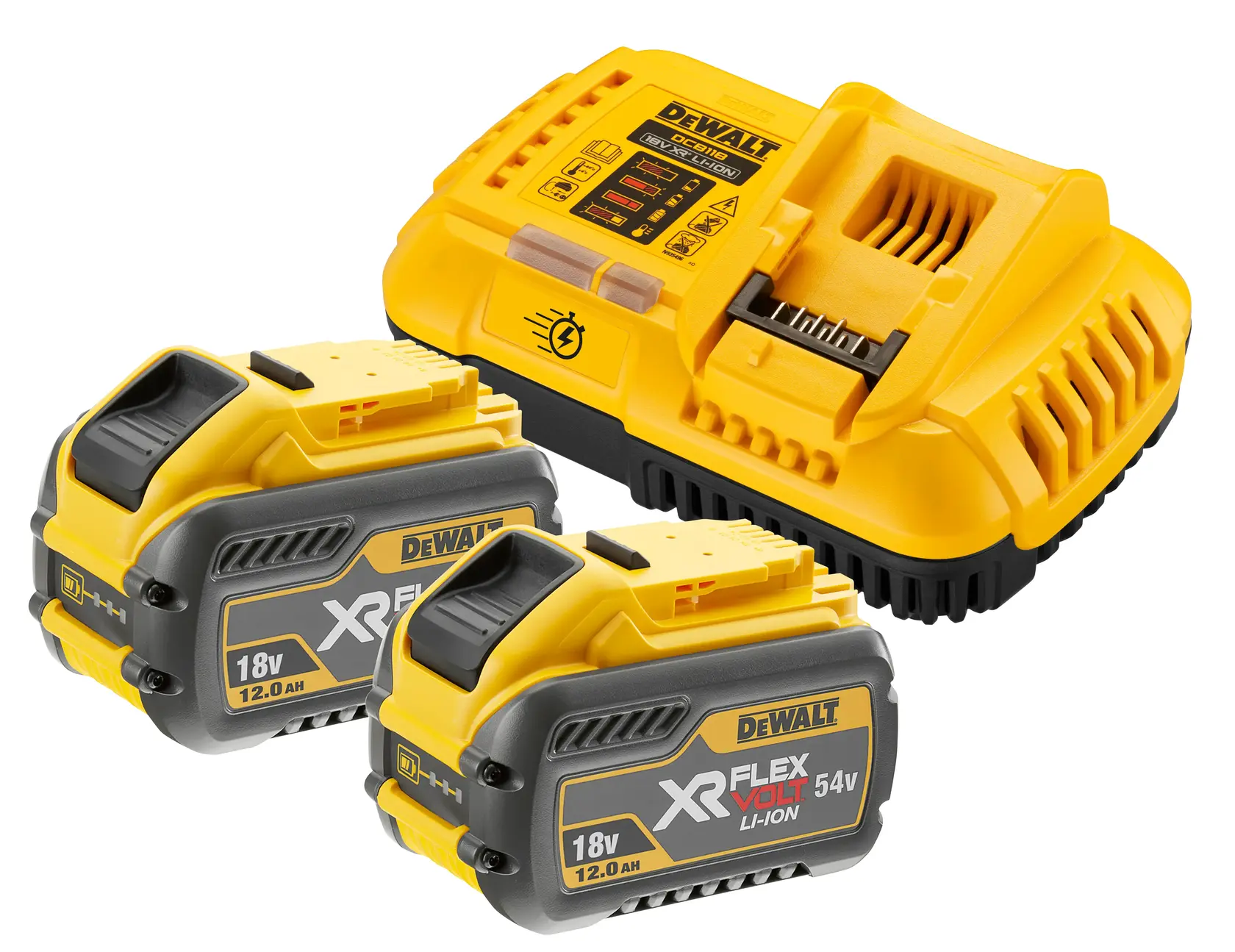 Kit de chargeur de batterie DEWALT comprenant un chargeur de batterie jaune et noir et deux batteries XR FLEXVOLT lithium-ion de 18V et 54V.