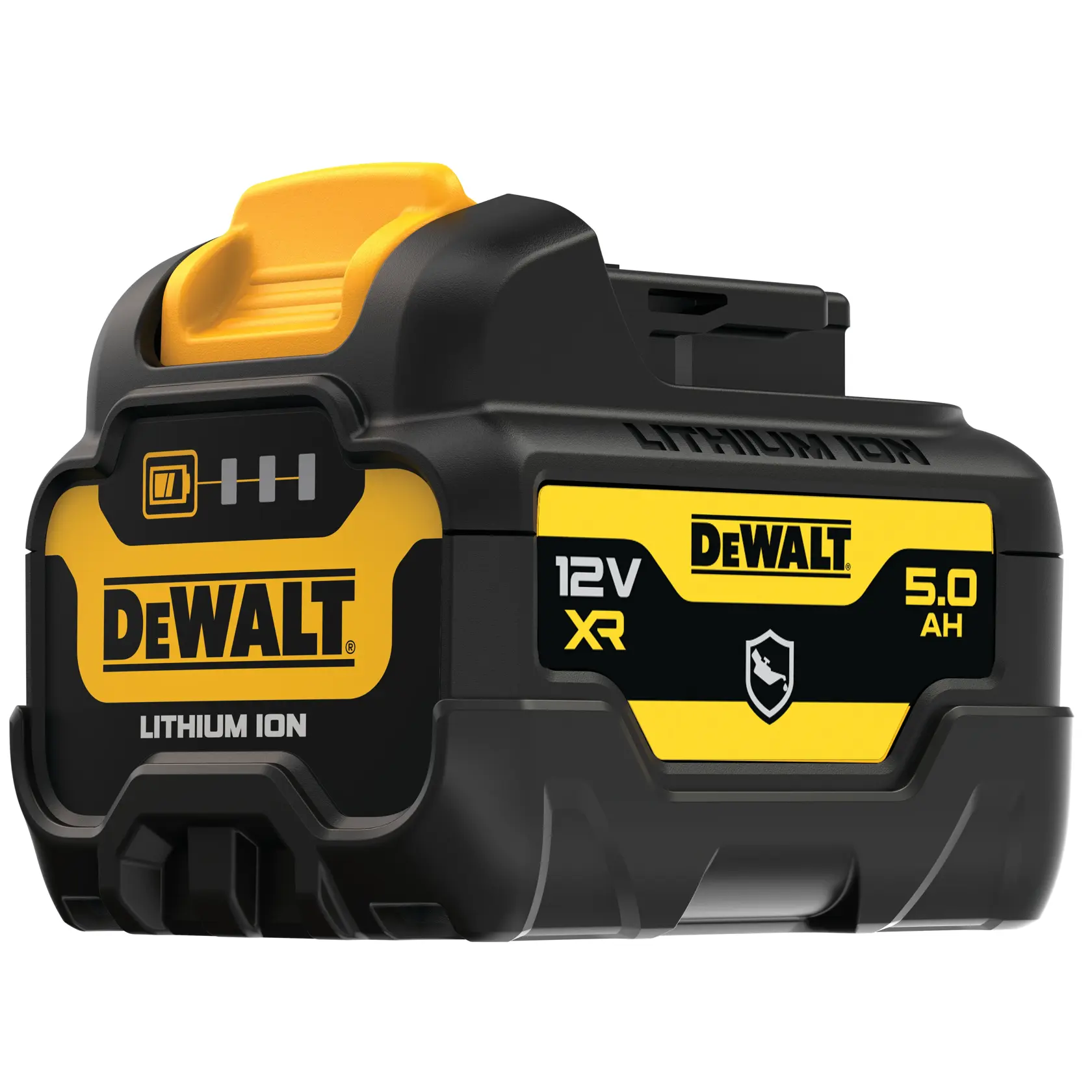 Gros plan sur une batterie lithium-ion DEWALT 12V XR 5,0Ah, montrant le boîtier jaune et noir avec le logo et l'indicateur de niveau de la batterie.