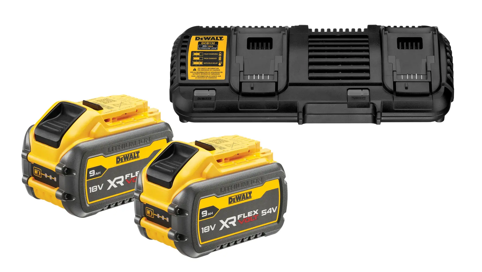 Kit chargeur de batteries DEWALT comprenant une station de charge double et deux batteries lithium-ion XR FLEXVOLT 18V/54V, présenté sur fond blanc.