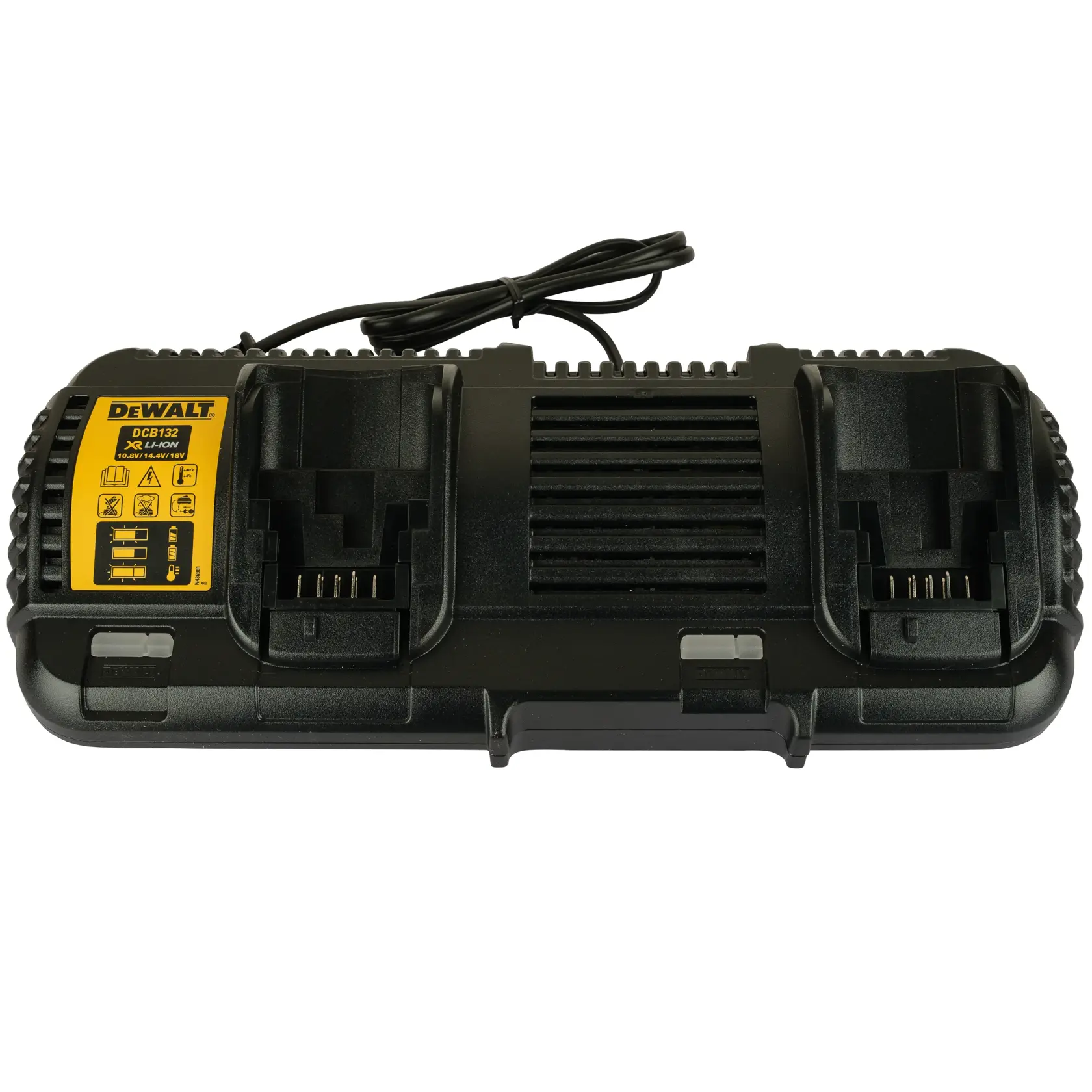 DEWALT DCB132 dual port battery charger for power tool batteries, black with yellow label.
