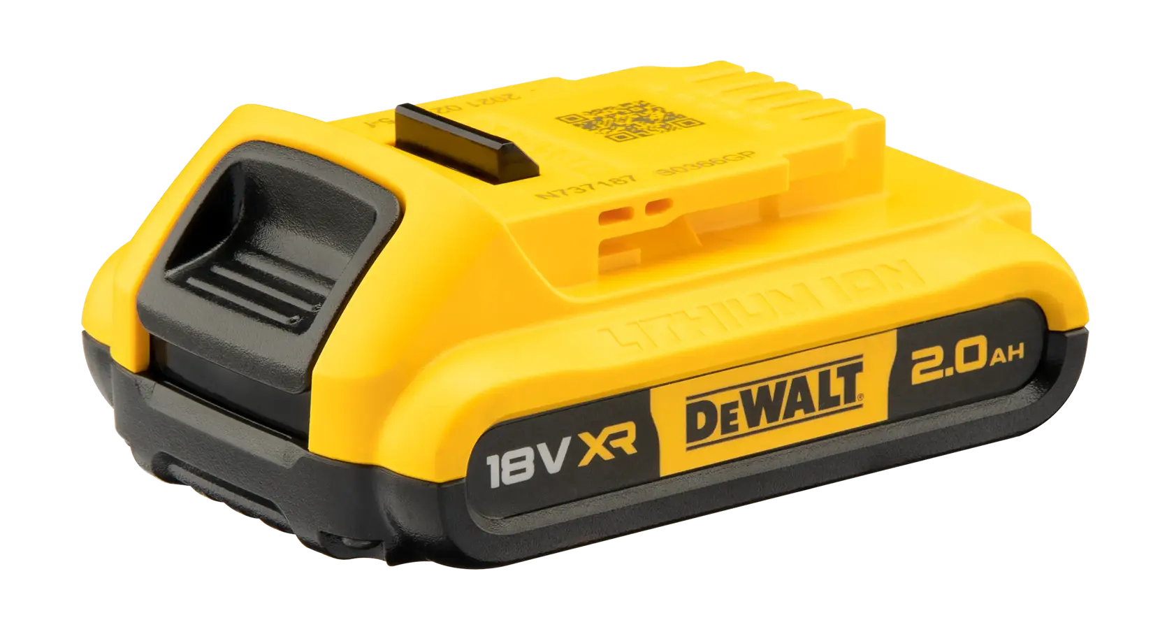 Bloc-batterie rechargeable lithium-ion DEWALT 18V XR 2.0Ah, principalement jaune avec des accents noirs, conçu pour les outils électroportatifs.