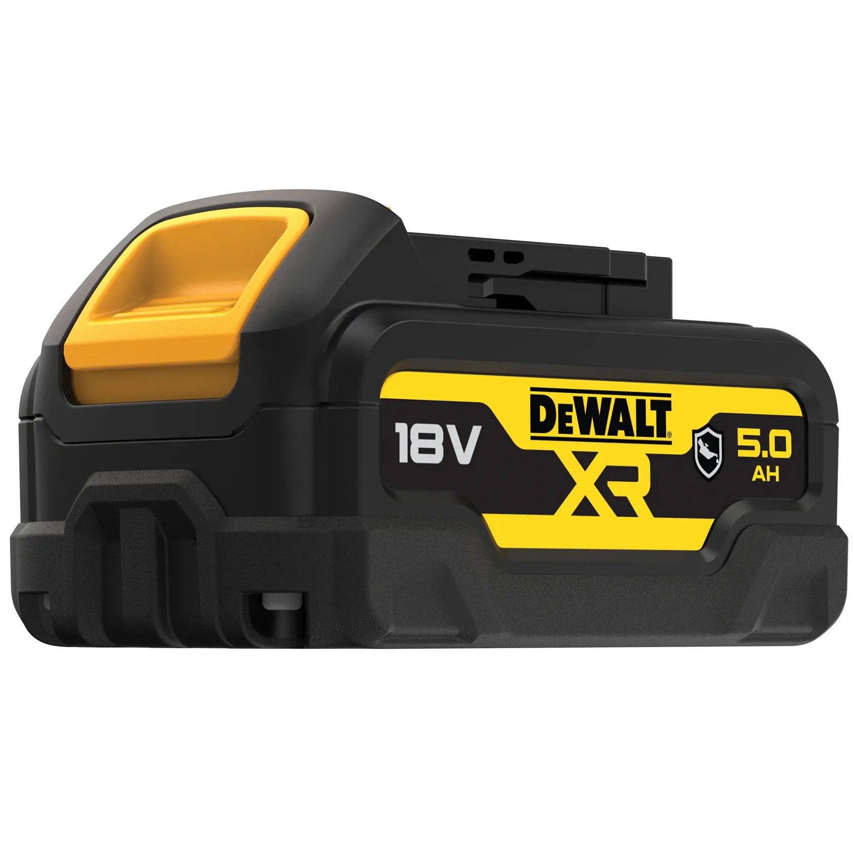 A DEWALT XR 18V 5.0Ah rechargeable battery, featuring a black and yellow design with branding and technical specifications prominently displayed on the side.