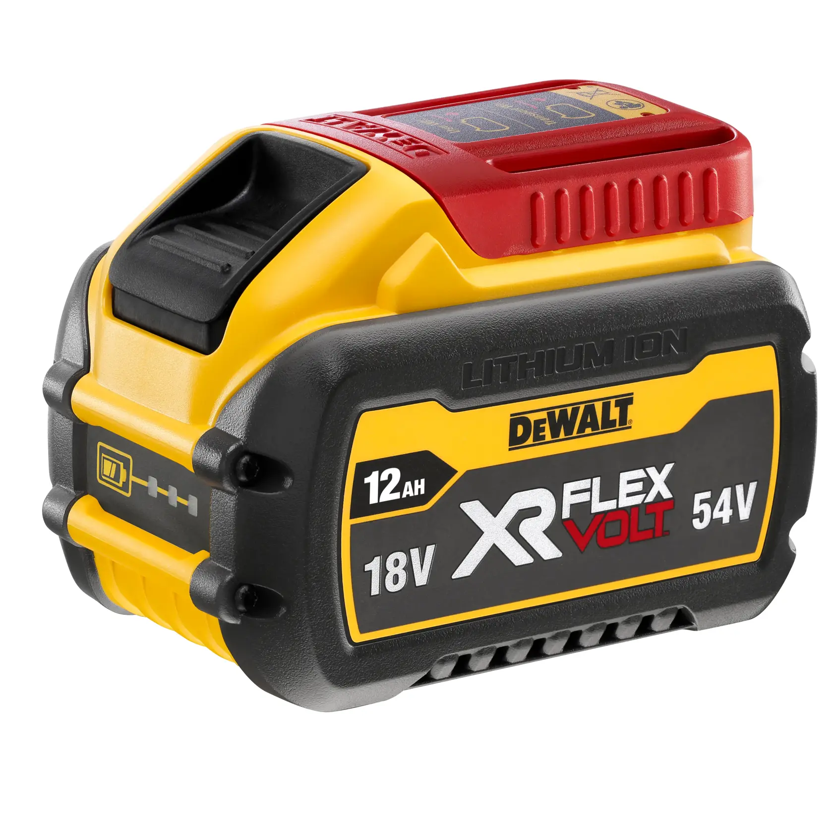 Batterie lithium-ion DEWALT XR FLEXVOLT, modèle DCB548, capacité de 12Ah et puissance sélectionnable de 18V ou 54V, affichée en couleurs jaune, noir et rouge avec étiquetage de la marque.