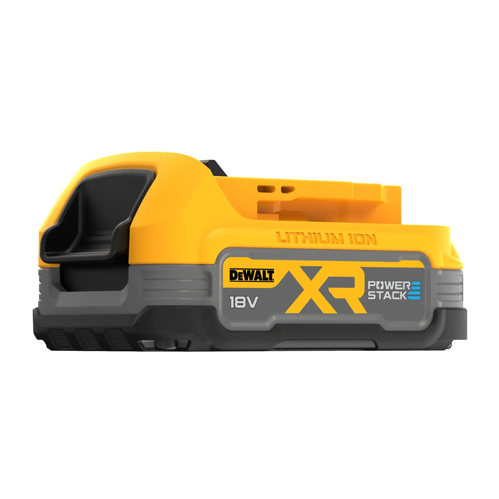 Batterie DEWALT XR POWERSTACK 18V lithium-ion, jaune et grise, sur fond blanc.