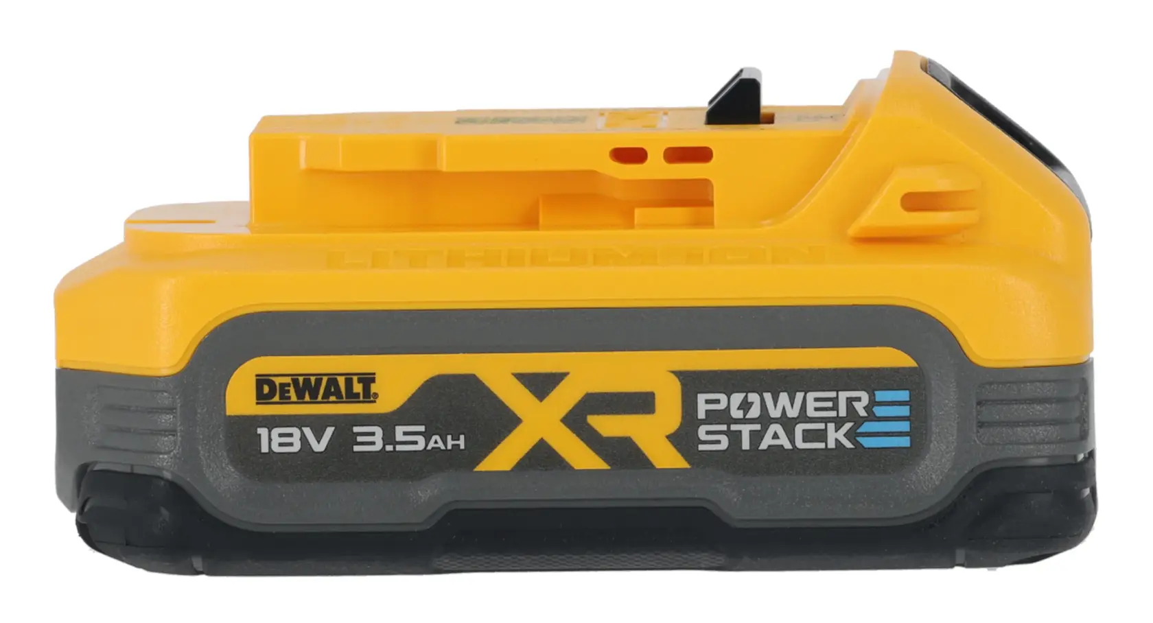 Batterie lithium-ion DEWALT XR Powerstack 18V 3.5Ah pour outils, design jaune et noir rectangulaire.