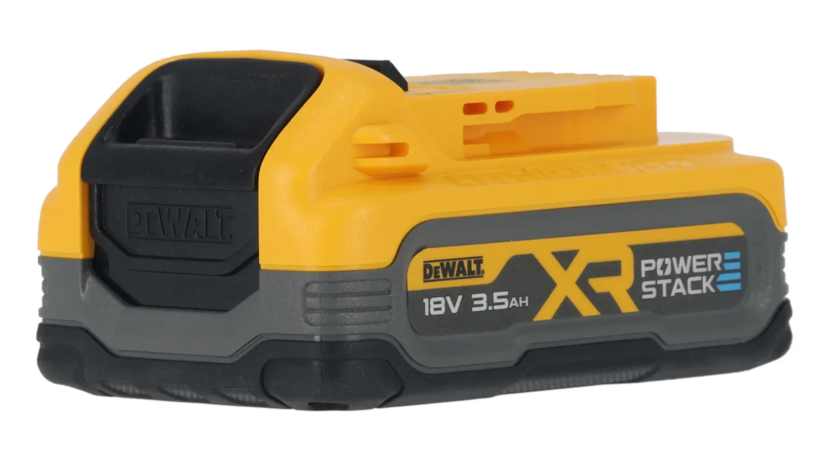 Batterie DEWALT 18V XR Powerstack 3,5Ah avec boîtier jaune et noir, vue de côté.