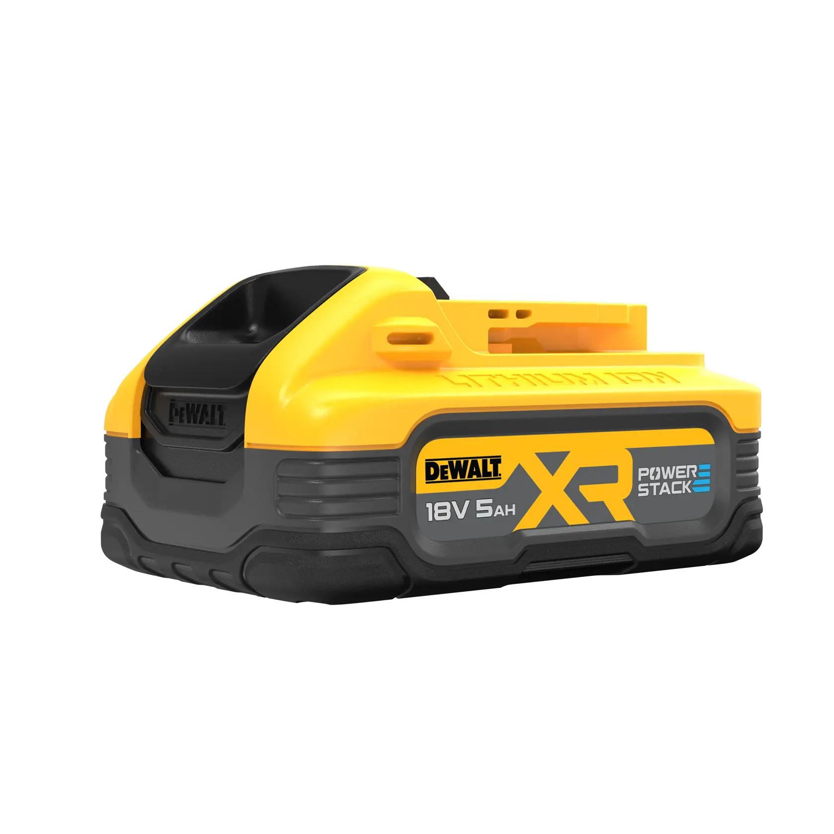 Batterie DEWALT 18V XR Powerstack 5Ah, jaune et noire, présentée sur fond blanc.