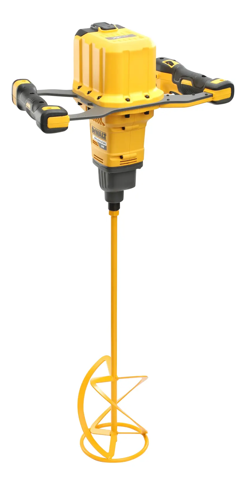 Malaxeur à pagaie DEWALT jaune à deux poignées, affiché debout avec accessoire de mélange.
