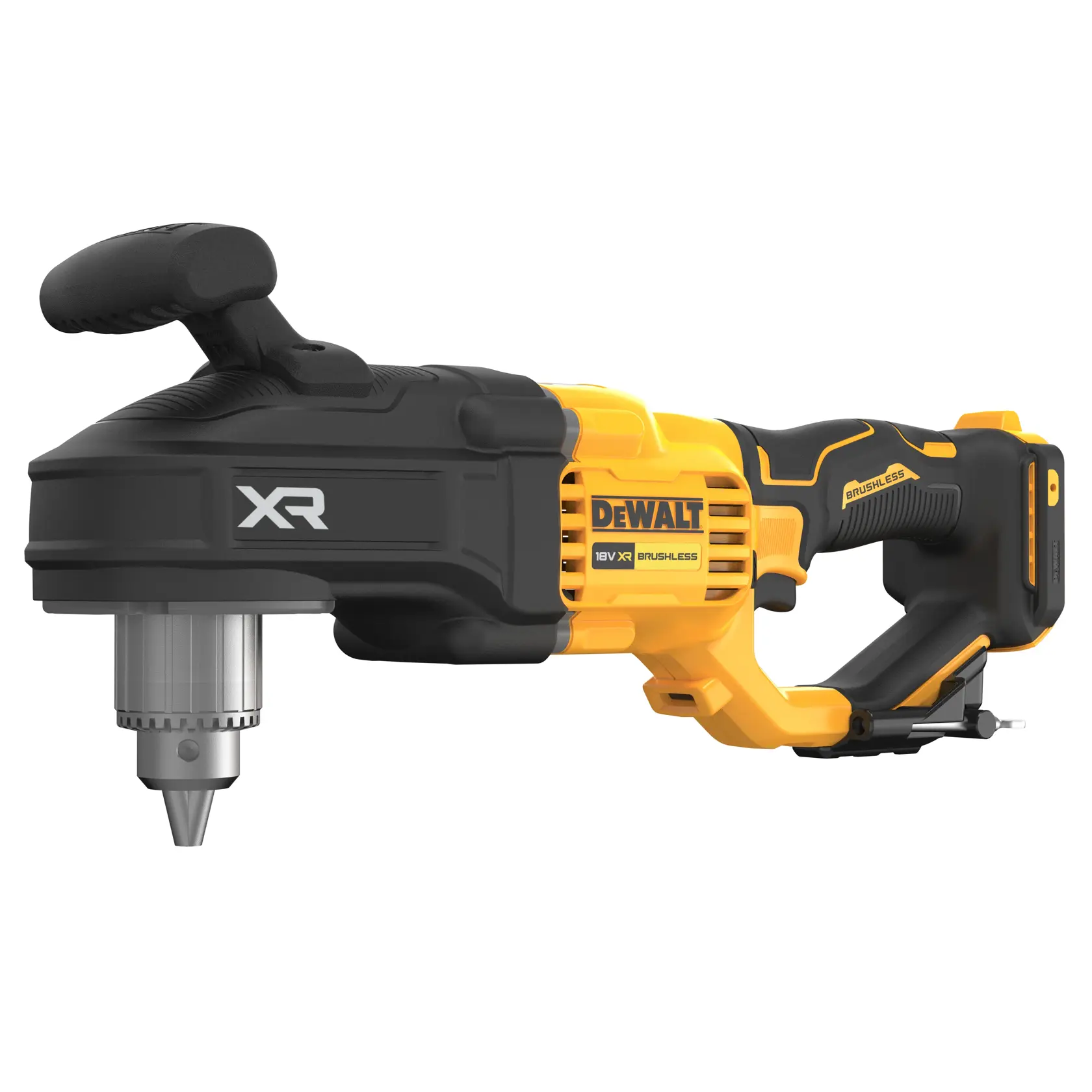 Une perceuse angulaire sans fil DEWALT DCD444N 18V XR brushless, présentée en couleur jaune et noire avec une poignée latérale et un mandrin sans clé.