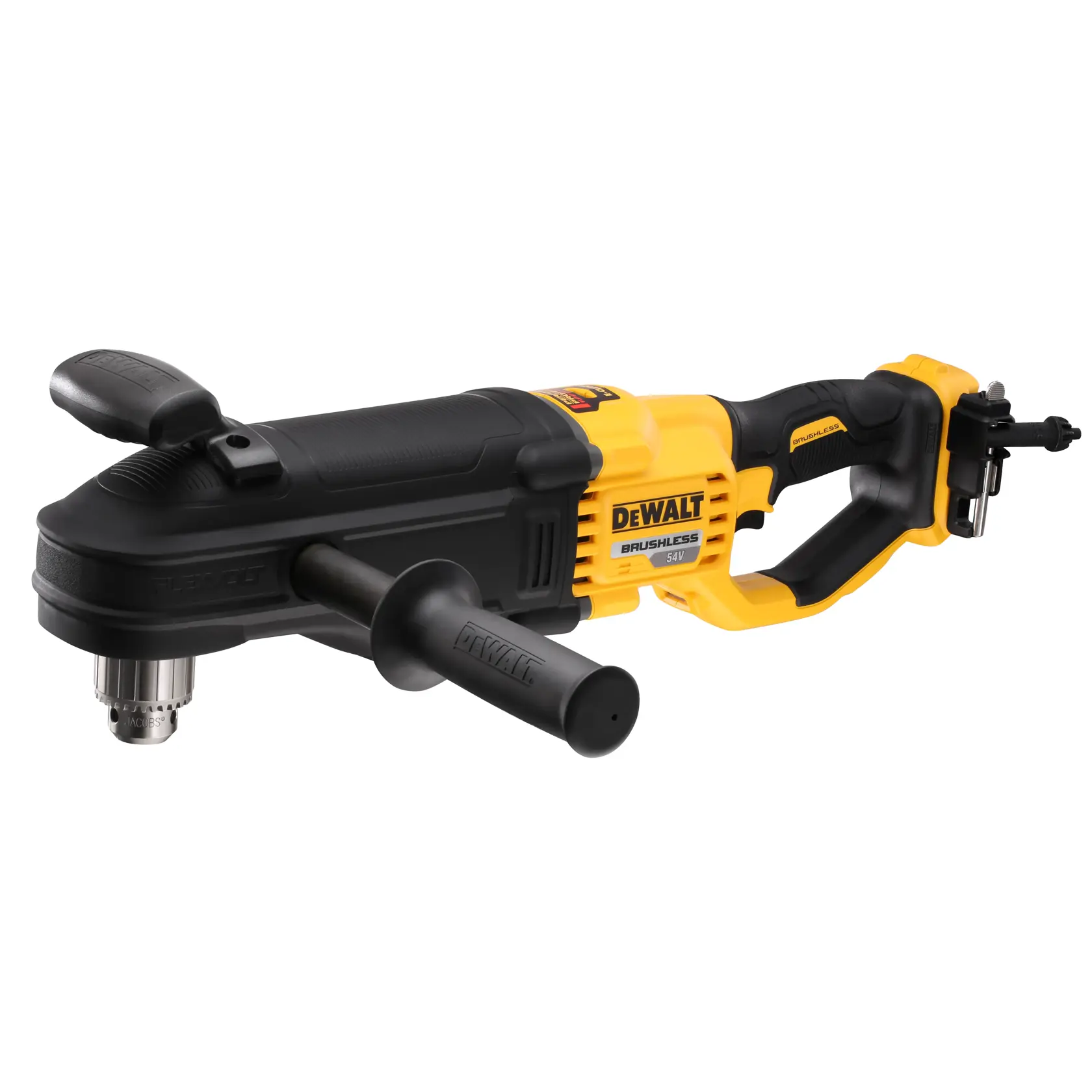 Perceuse angulaire sans fil DEWALT DCD470N brushless à poignée latérale, jaune et noire.