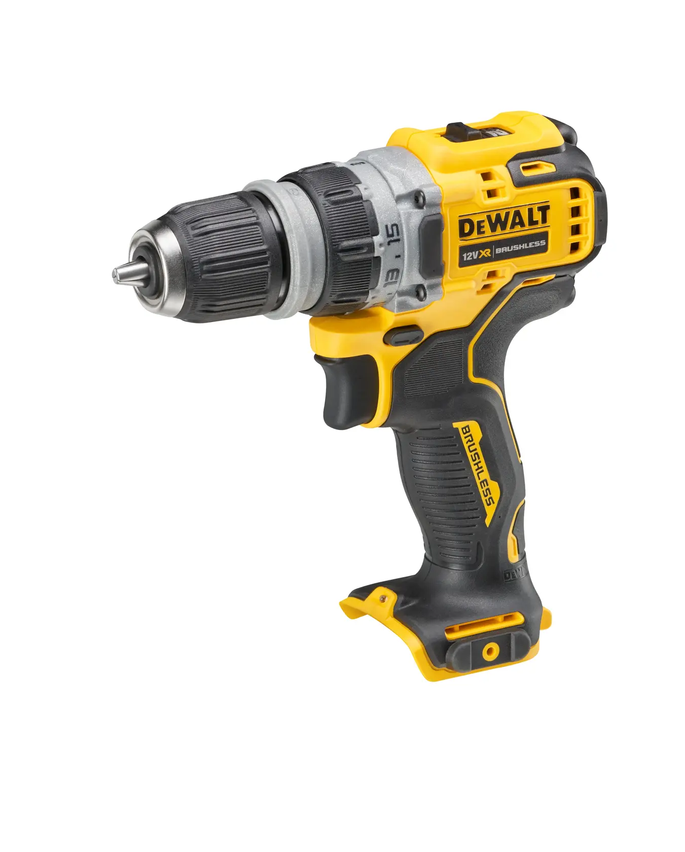 Photo de la perceuse sans fil DEWALT DCD703NT, jaune et noire, vue latérale sur fond blanc.