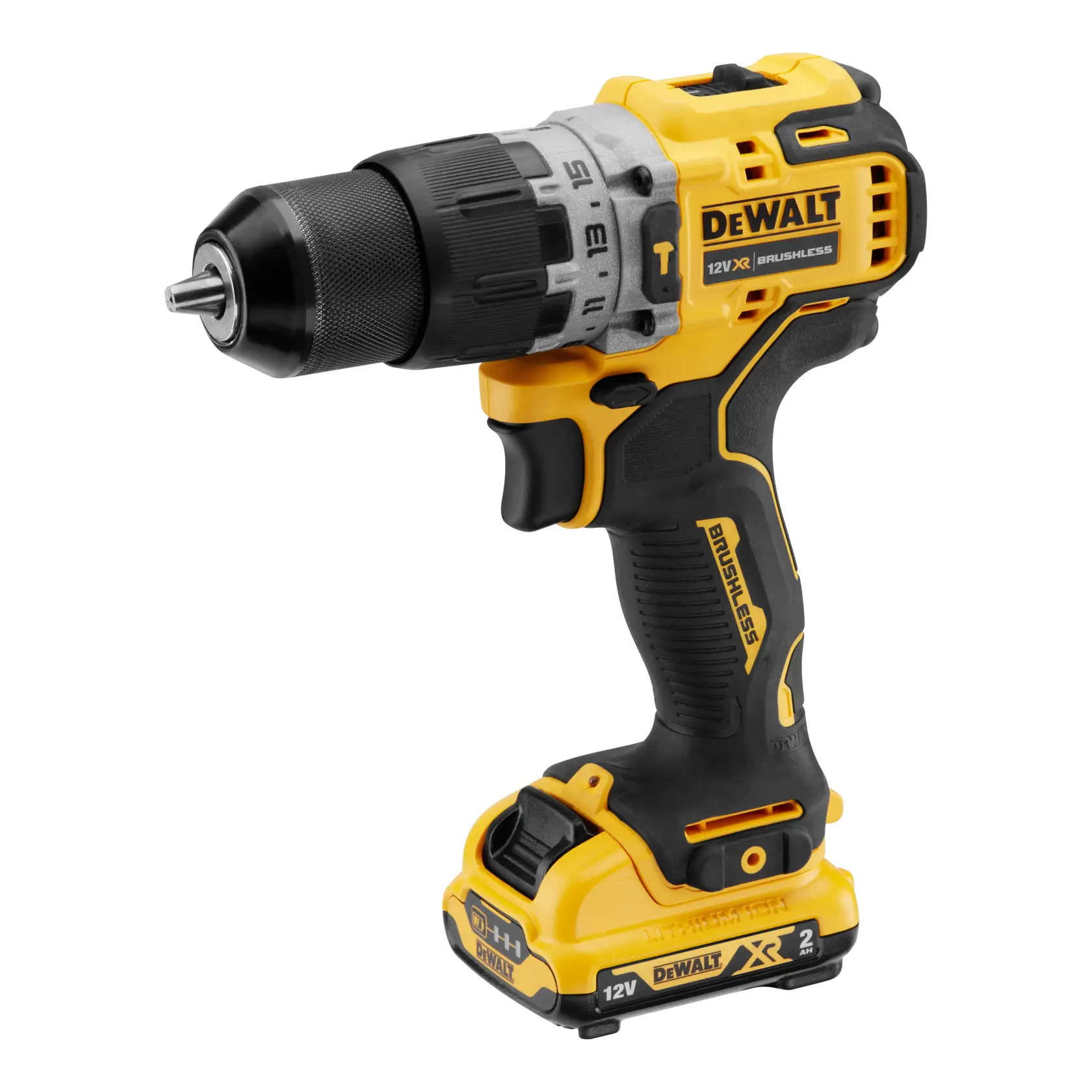 Perceuse sans fil DEWALT jaune et noire, 12V XR brushless, poignée ergonomique et couple réglable.