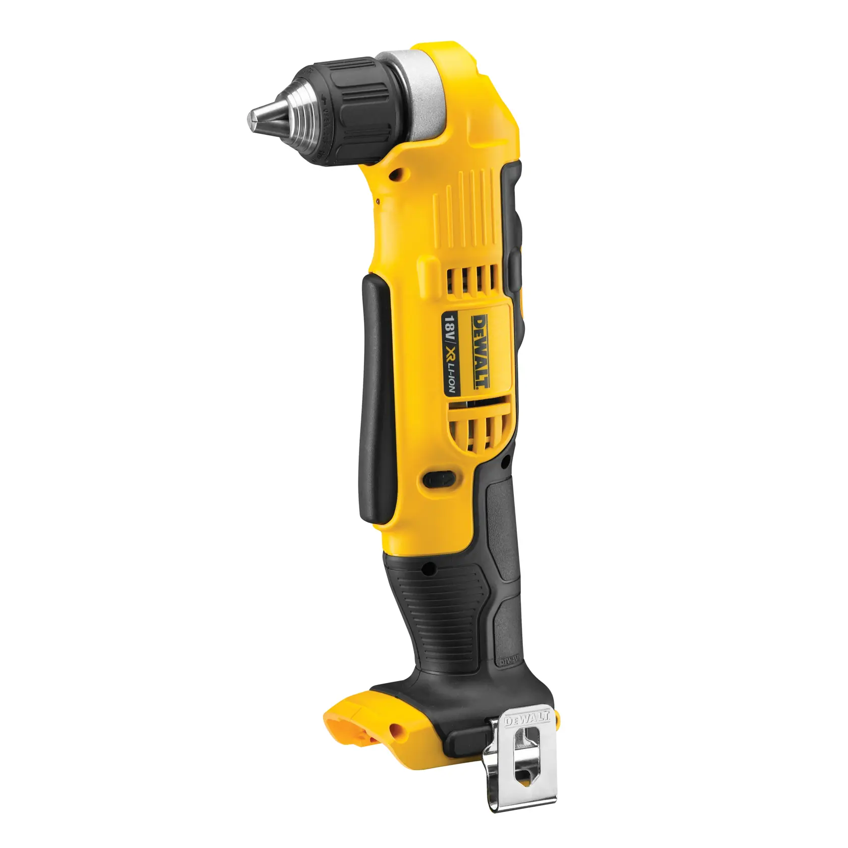 Perceuse d’angle sans fil DEWALT jaune et noire, présentée debout avec clip ceinture en métal.