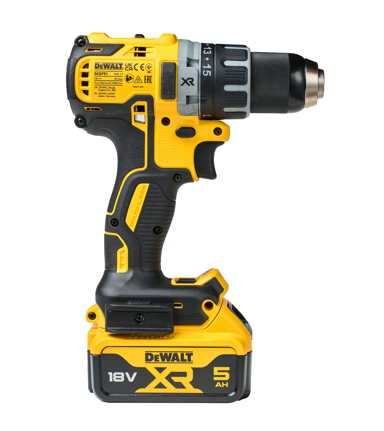 Perceuse sans fil DEWALT DCD791P2 18V XR avec batterie 5 Ah, jaune et noire, vue de côté.