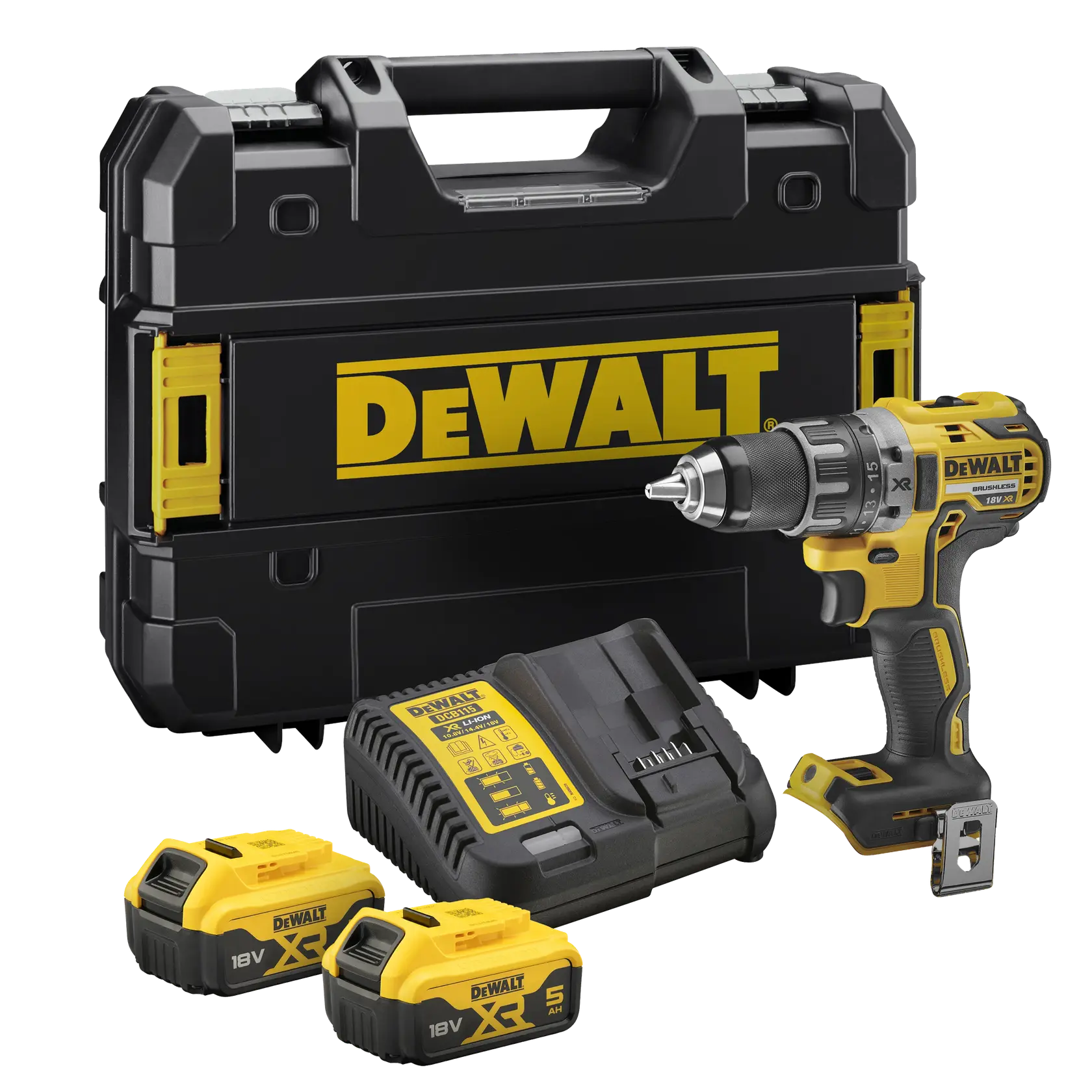 Kit perceuse sans fil DEWALT avec coffret, chargeur et deux batteries 18V présentés.