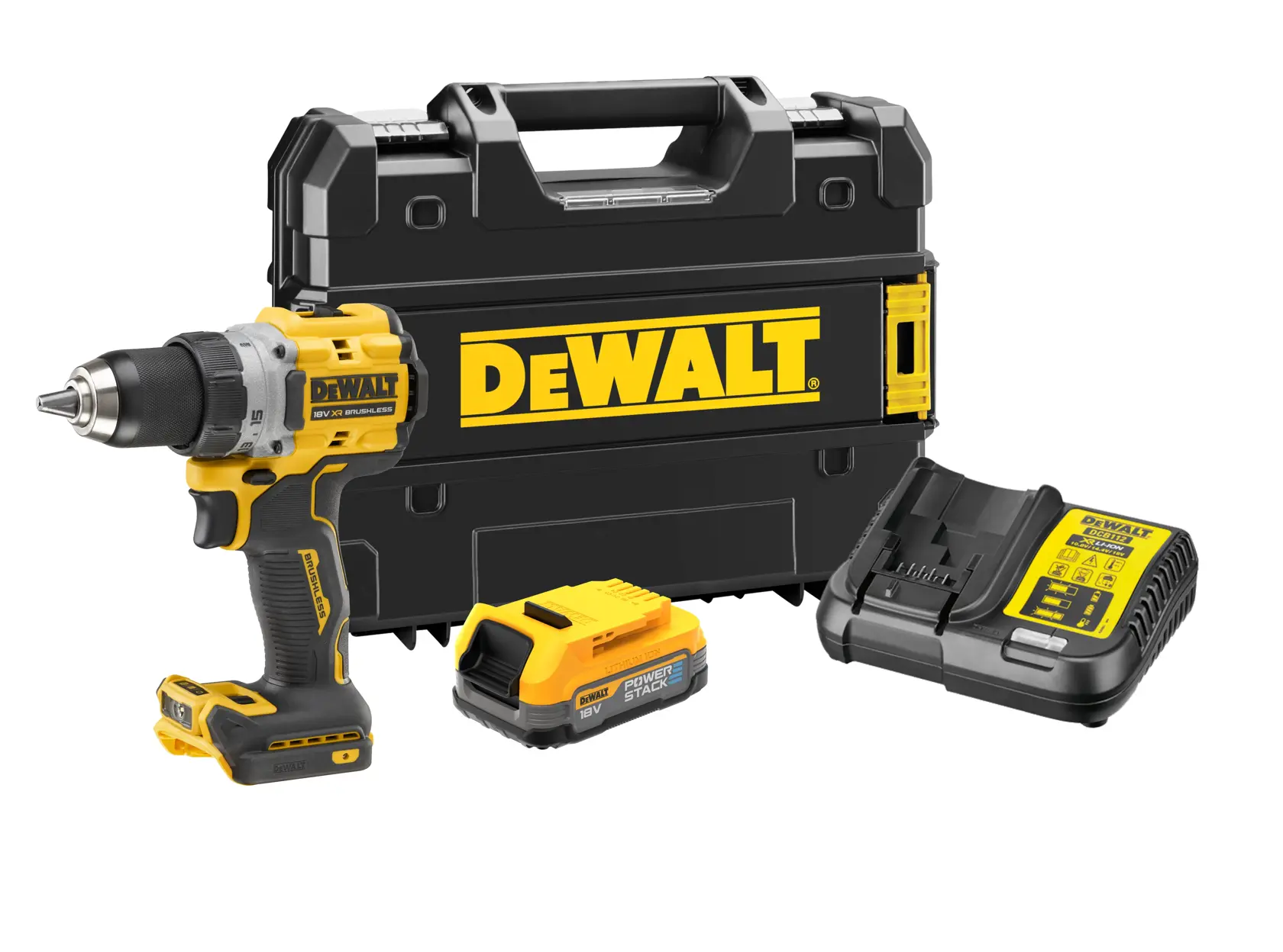 Kit de perceuse sans fil DEWALT avec mallette, batterie et chargeur en noir et jaune.