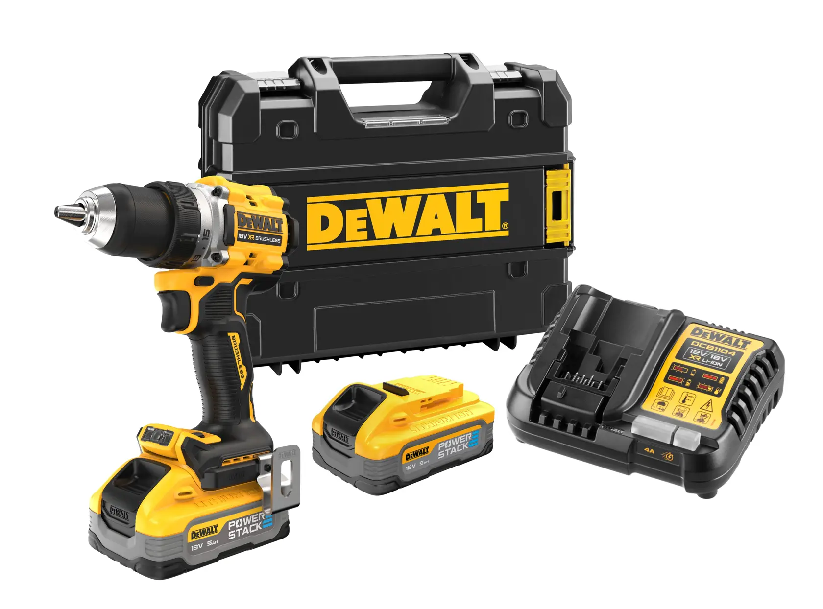 Kit DEWALT avec perceuse, deux batteries, chargeur et coffret de transport présenté.