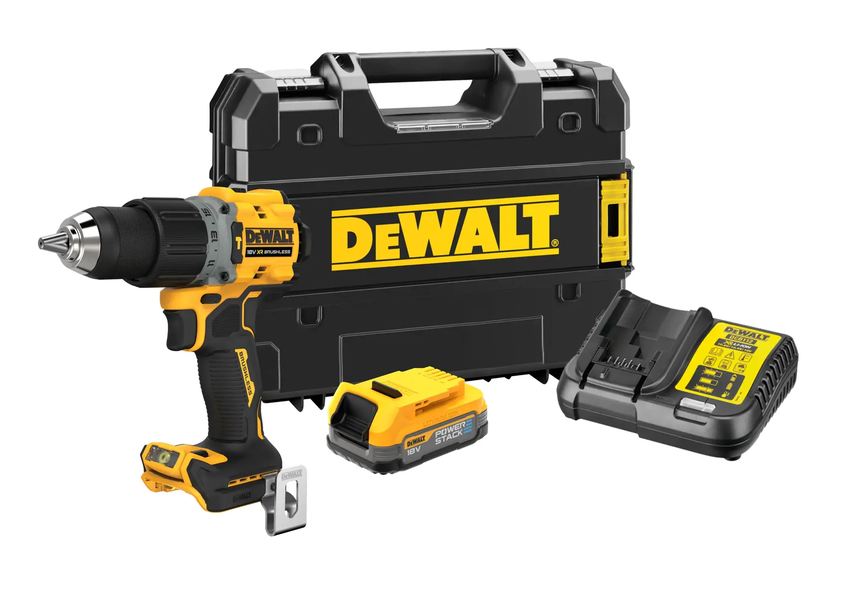 Ensemble de perceuse sans fil DEWALT comprenant une perceuse noire et jaune, une batterie, un chargeur de batterie et une mallette de transport noire avec le logo DEWALT.