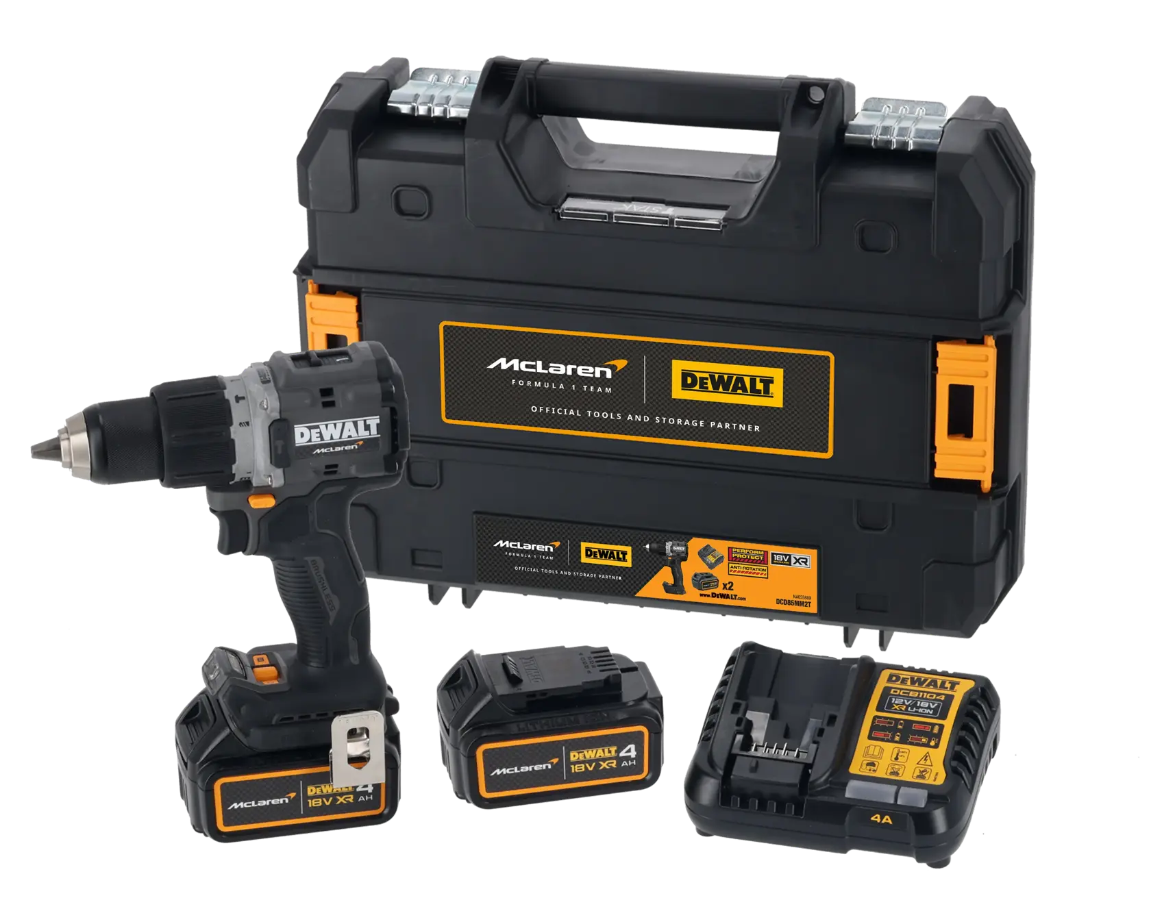 Conjunto DEWALT com furadeira McLaren, duas baterias, carregador e estojo de armazenamento.
