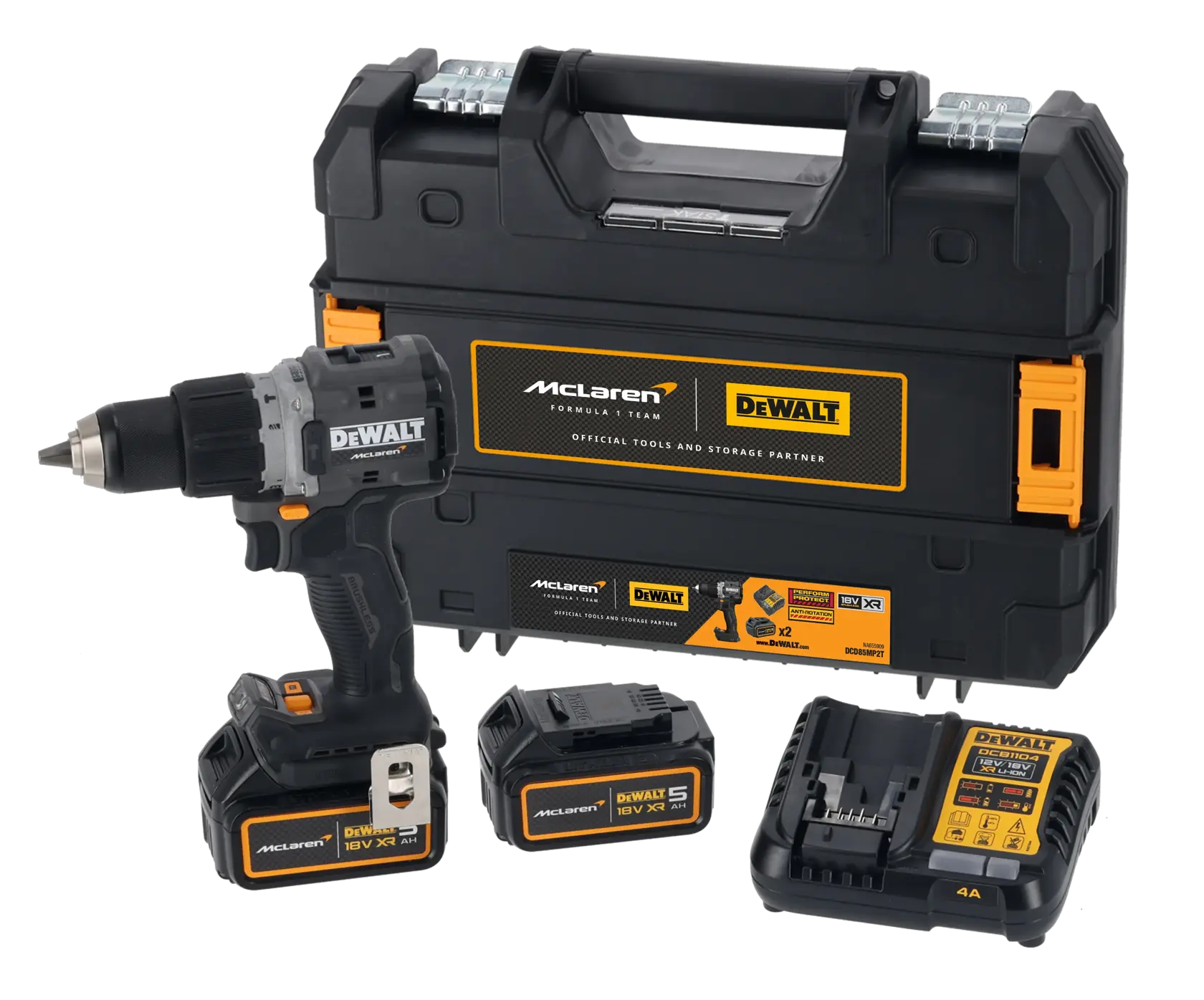 Kit de furadeira sem fio DEWALT com baterias, carregador e caixa rígida, parceria com McLaren.