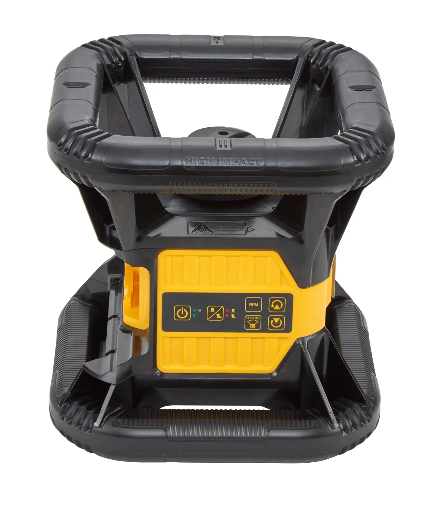 Dispositivo láser rotativo DEWALT amarillo y negro con marco protector y panel de control para construcción.